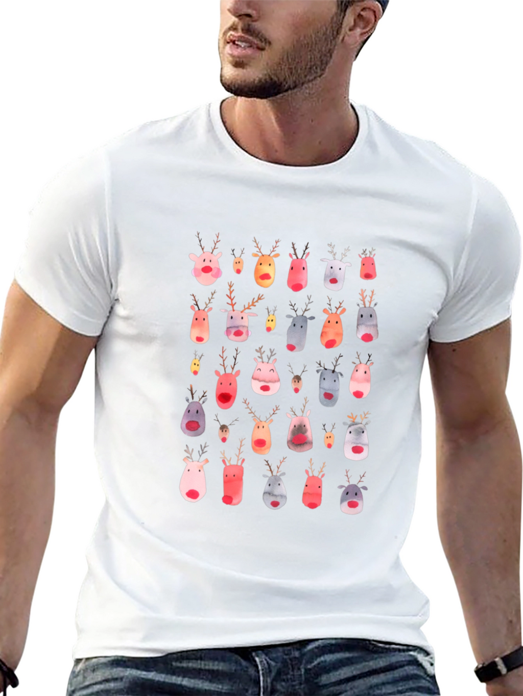 Festive Reindeer Pattern Black T-Shirt