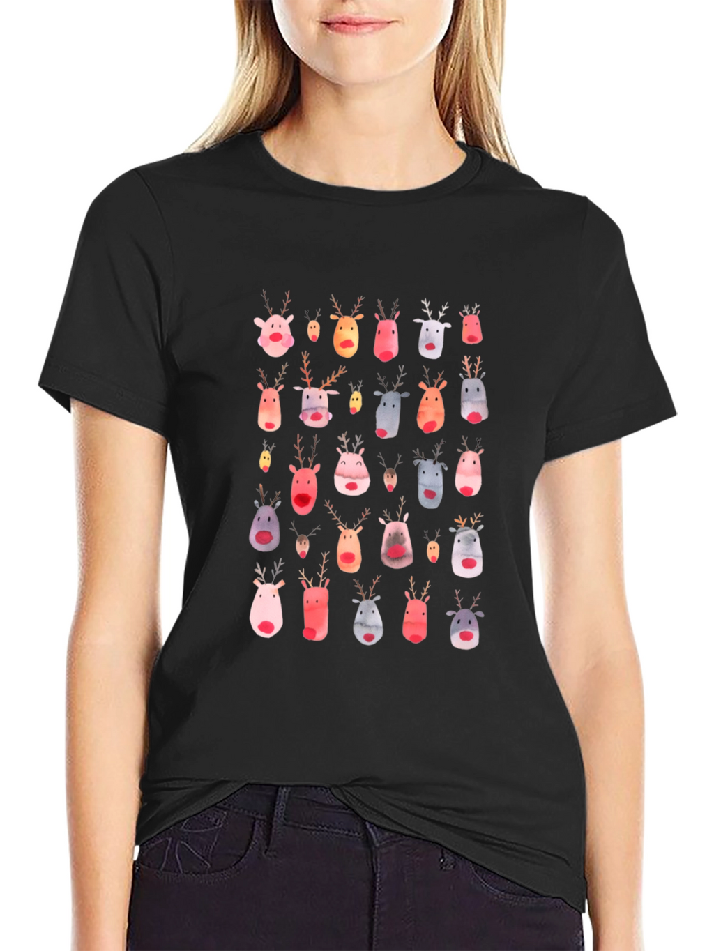 Festive Reindeer Pattern Black T-Shirt