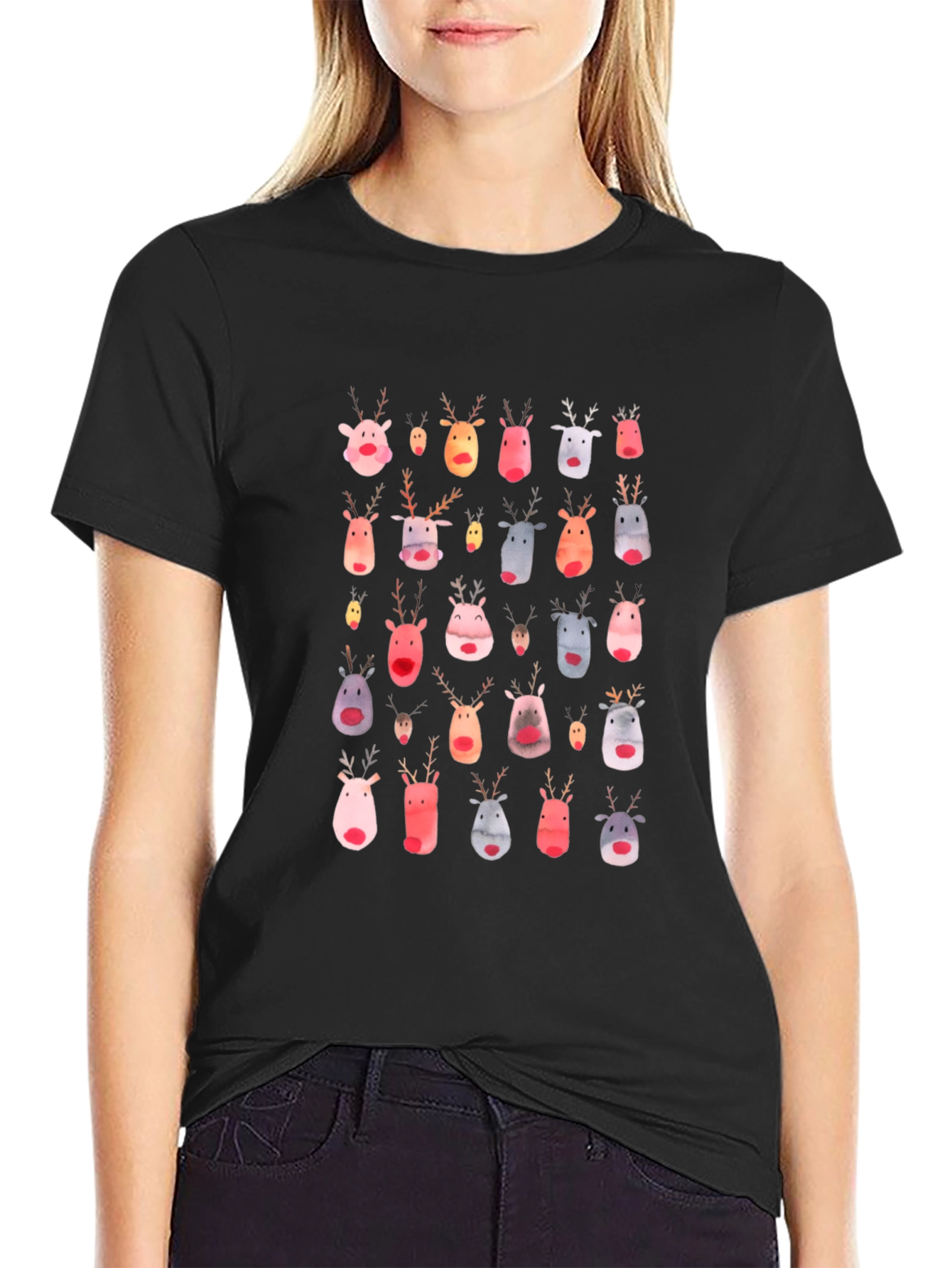 Festive Reindeer Pattern Black T-Shirt