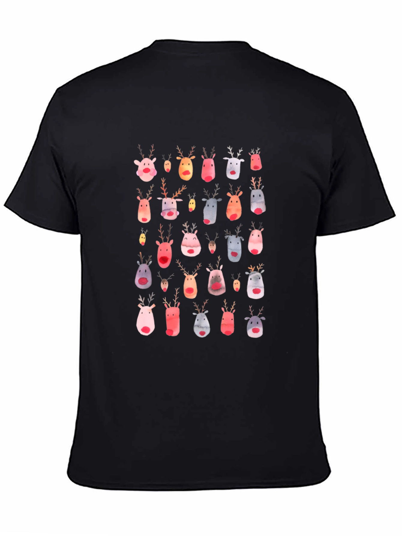 Festive Reindeer Pattern Black T-Shirt