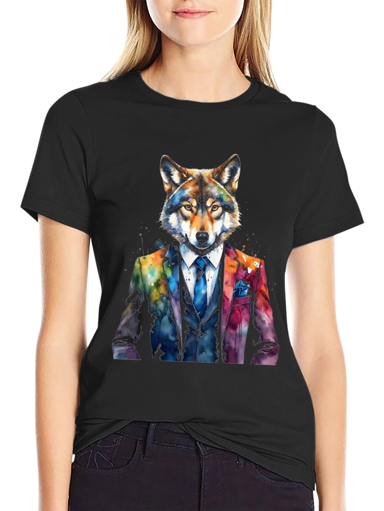 Wolf in Suit Graphic Tee - Watercolor Style