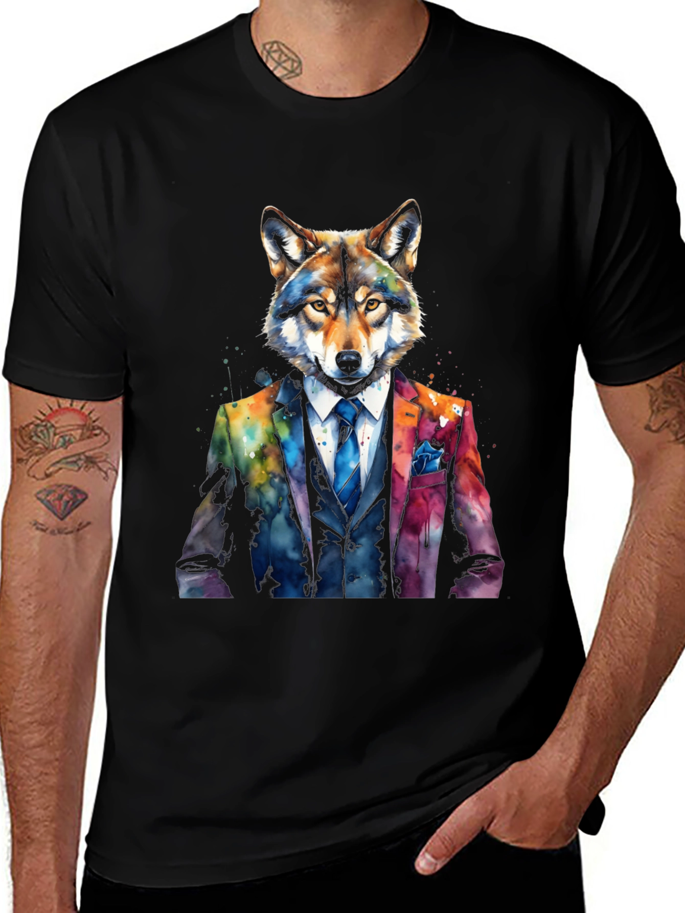 Wolf in Suit Graphic Tee - Watercolor Style