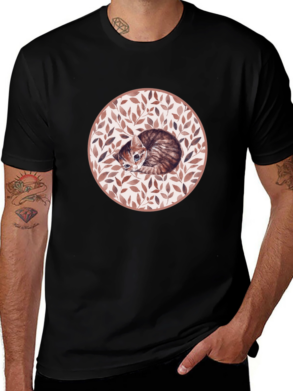 Kitten Leaf Circle Graphic T-Shirt - Black