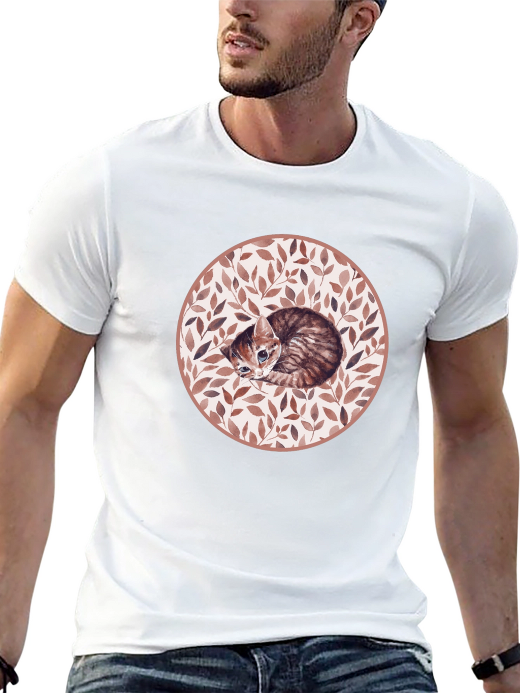 Kitten Leaf Circle Graphic T-Shirt - Black