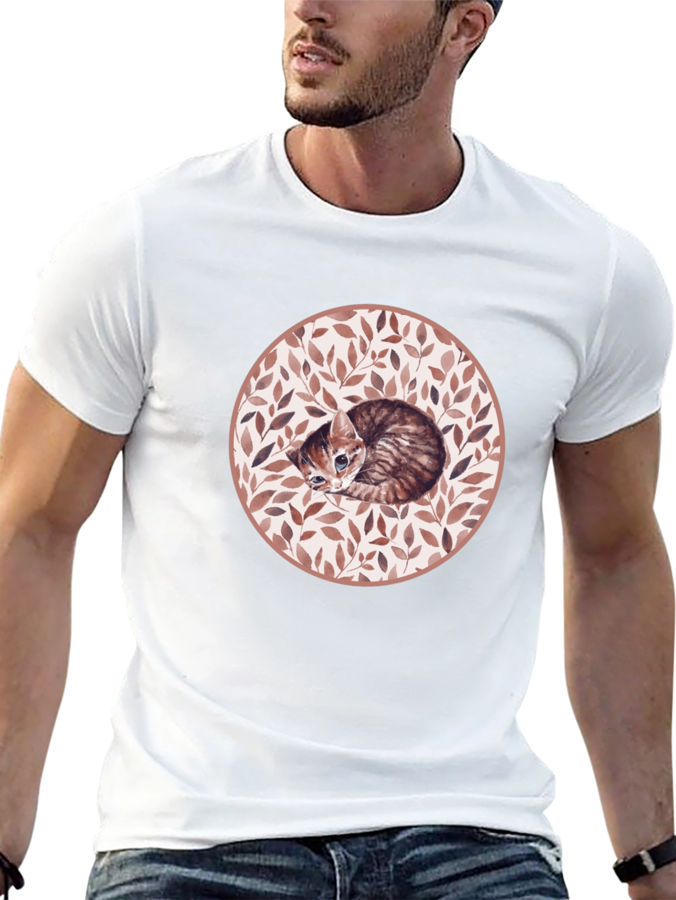 Kitten Leaf Circle Graphic T-Shirt - Black
