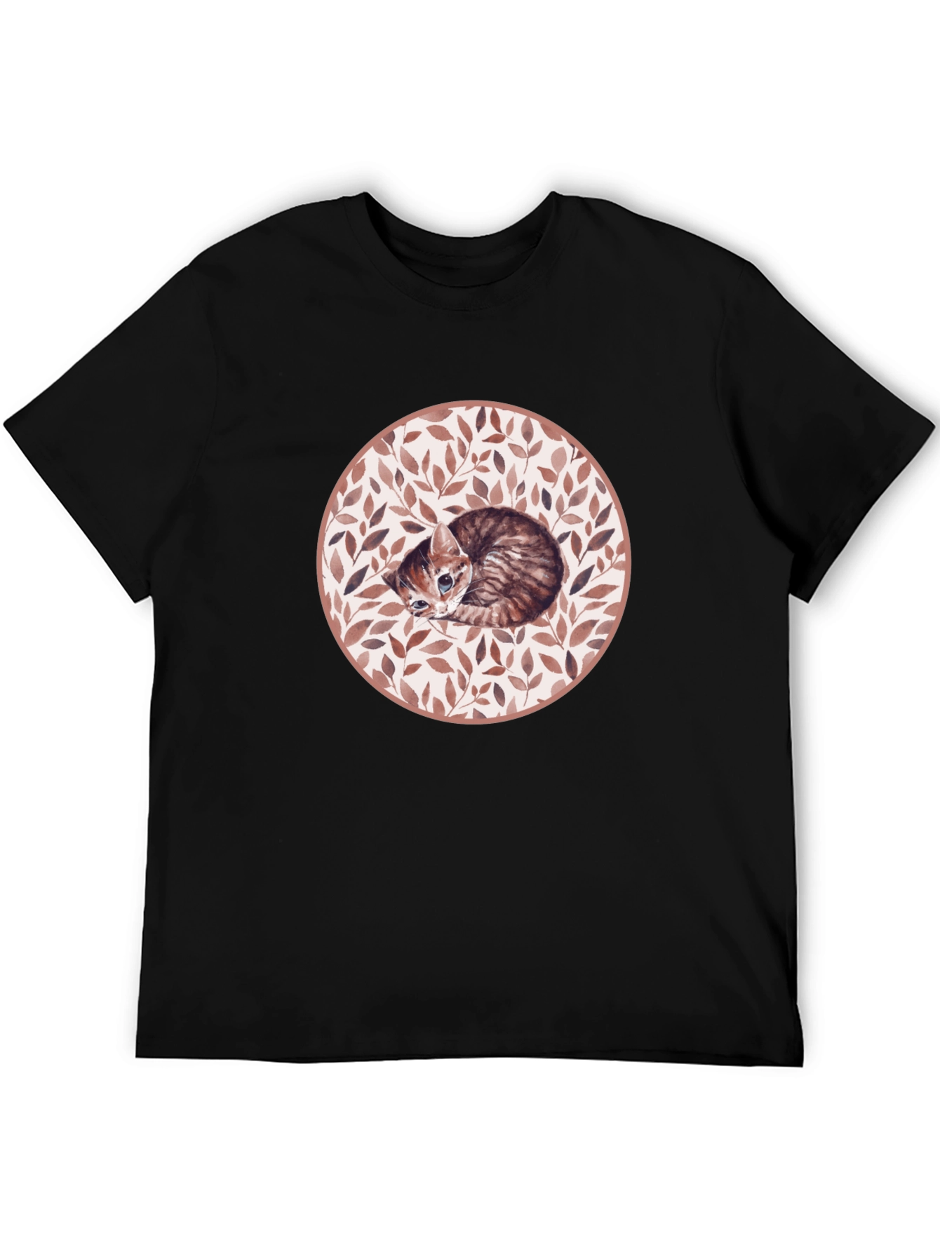 Kitten Leaf Circle Graphic T-Shirt - Black