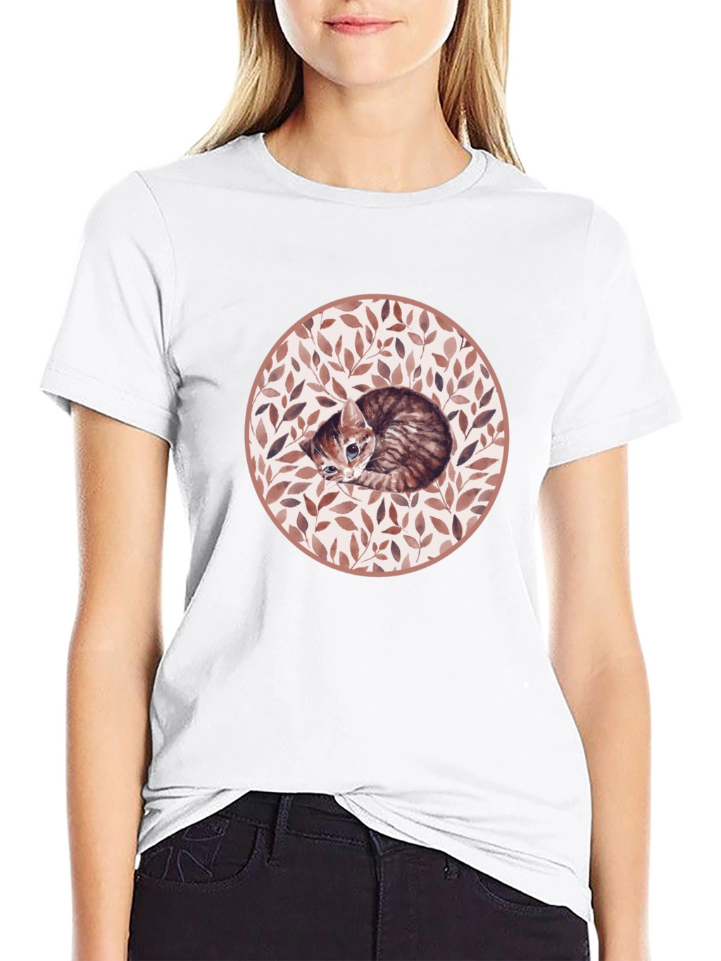 Kitten Leaf Circle Graphic T-Shirt - Black