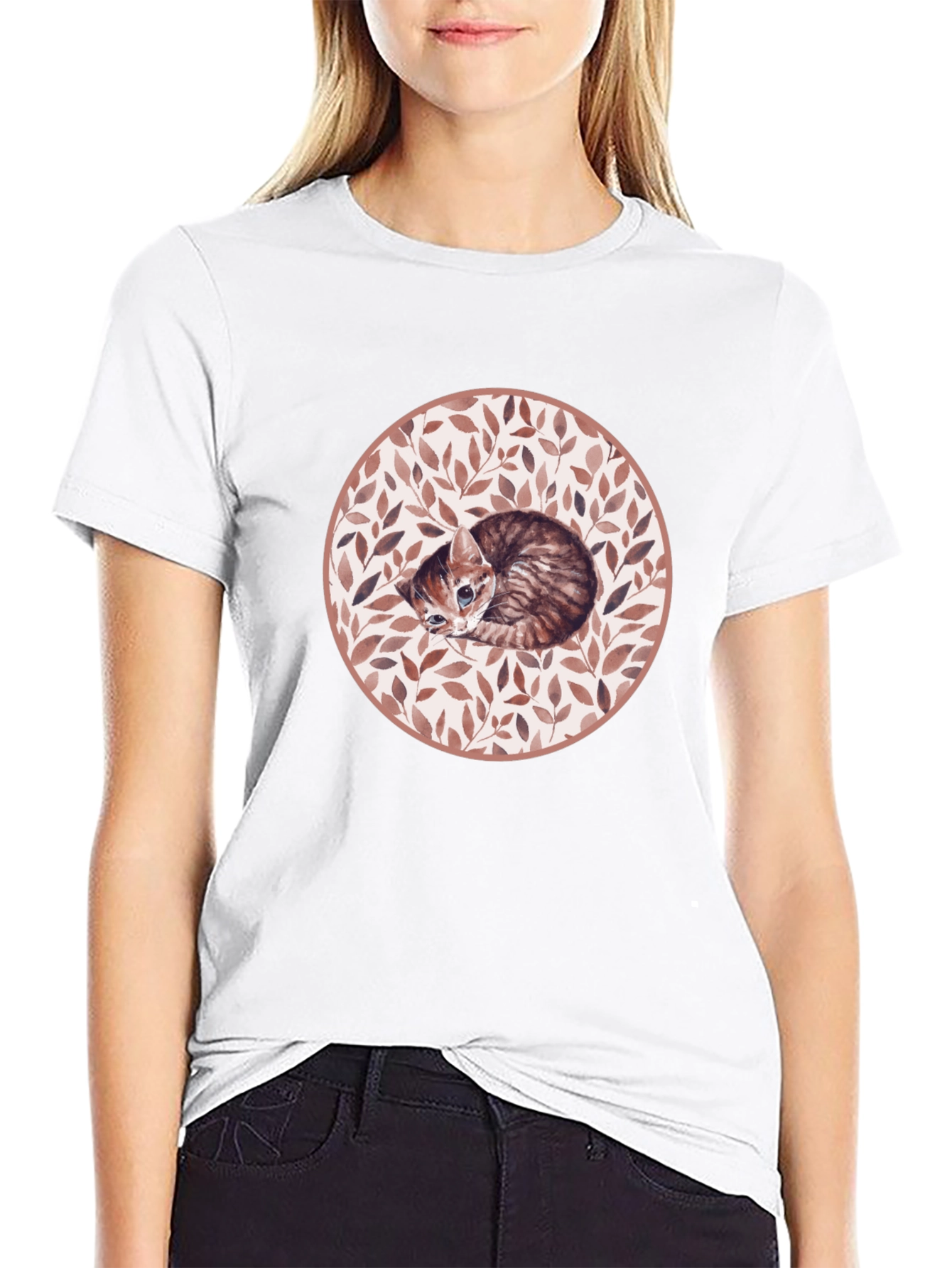 Kitten Leaf Circle Graphic T-Shirt - Black