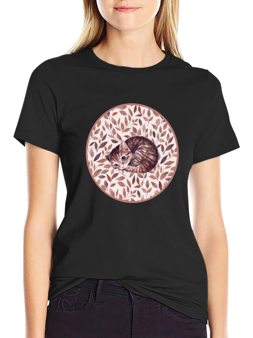 Kitten Leaf Circle Graphic T-Shirt - Black