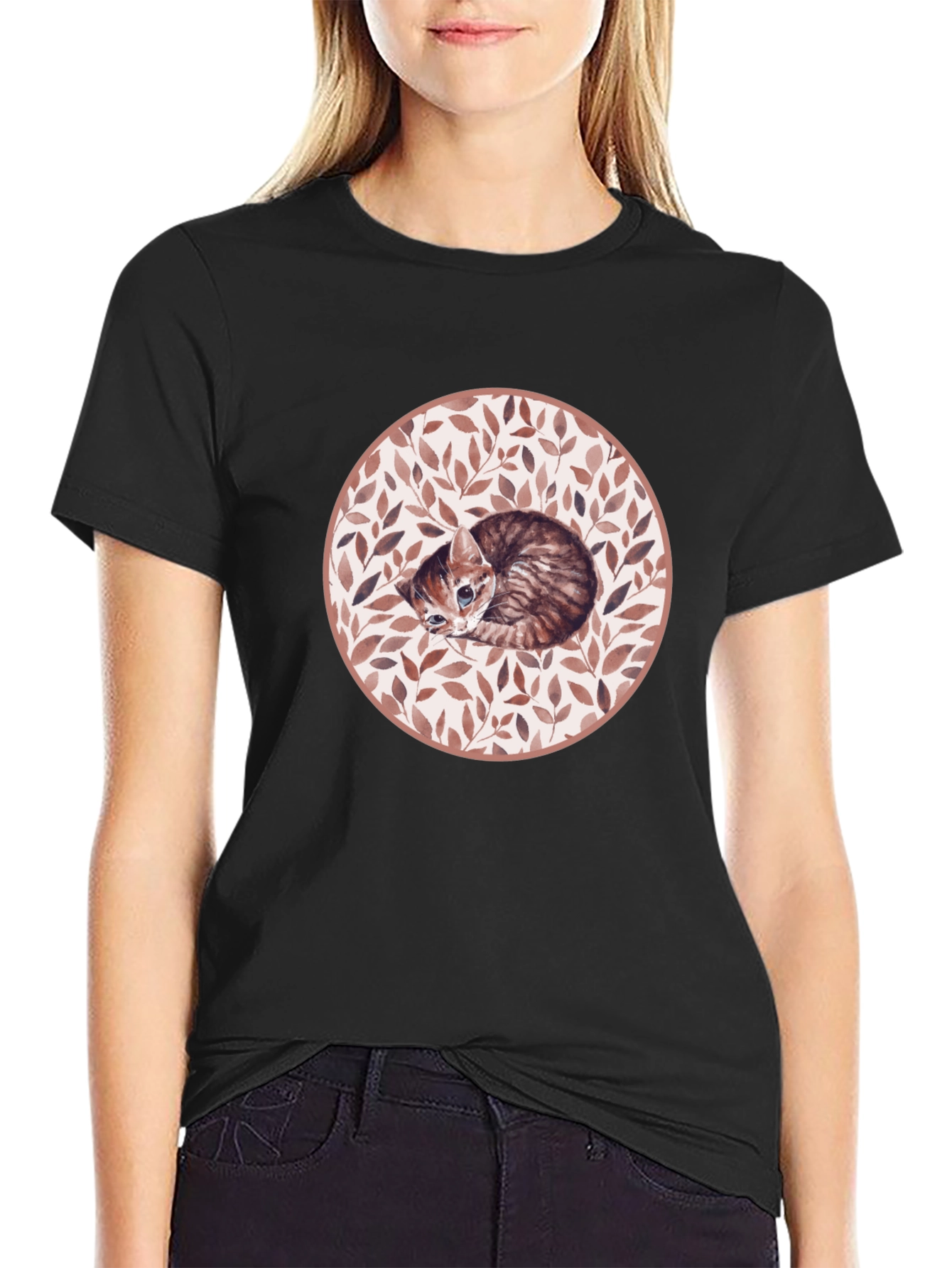 Kitten Leaf Circle Graphic T-Shirt - Black
