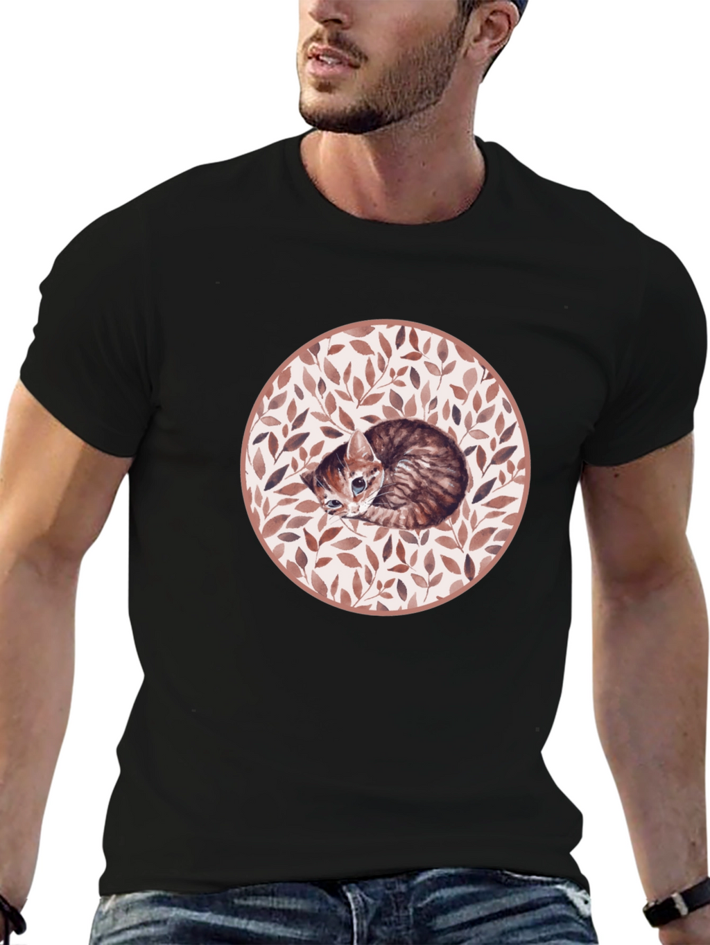 Kitten Leaf Circle Graphic T-Shirt - Black
