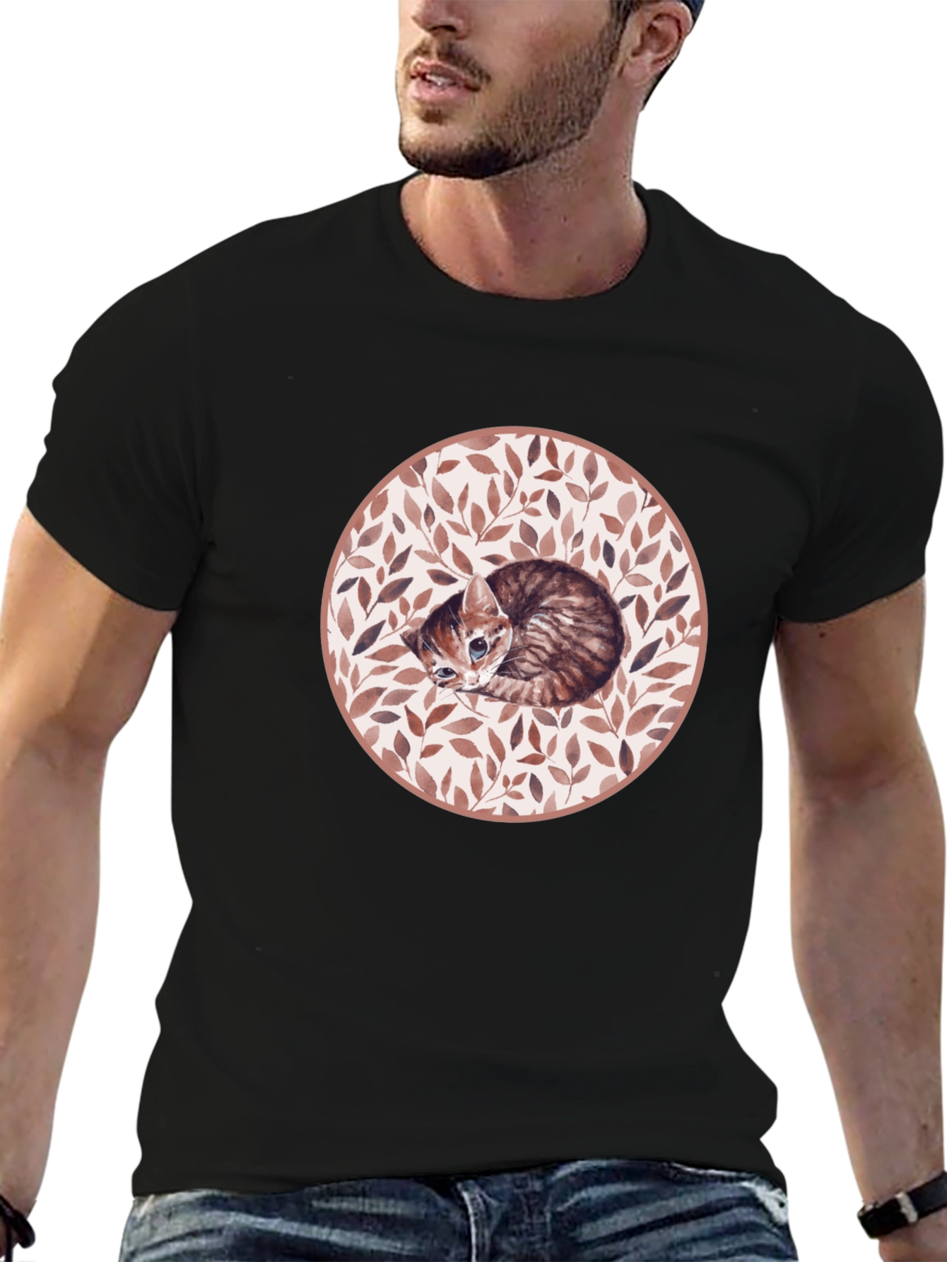 Kitten Leaf Circle Graphic T-Shirt - Black