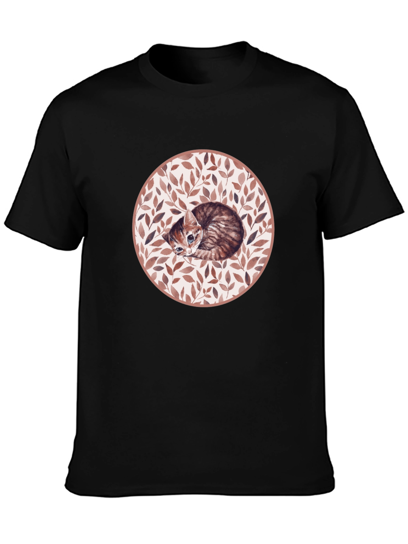 Kitten Leaf Circle Graphic T-Shirt - Black