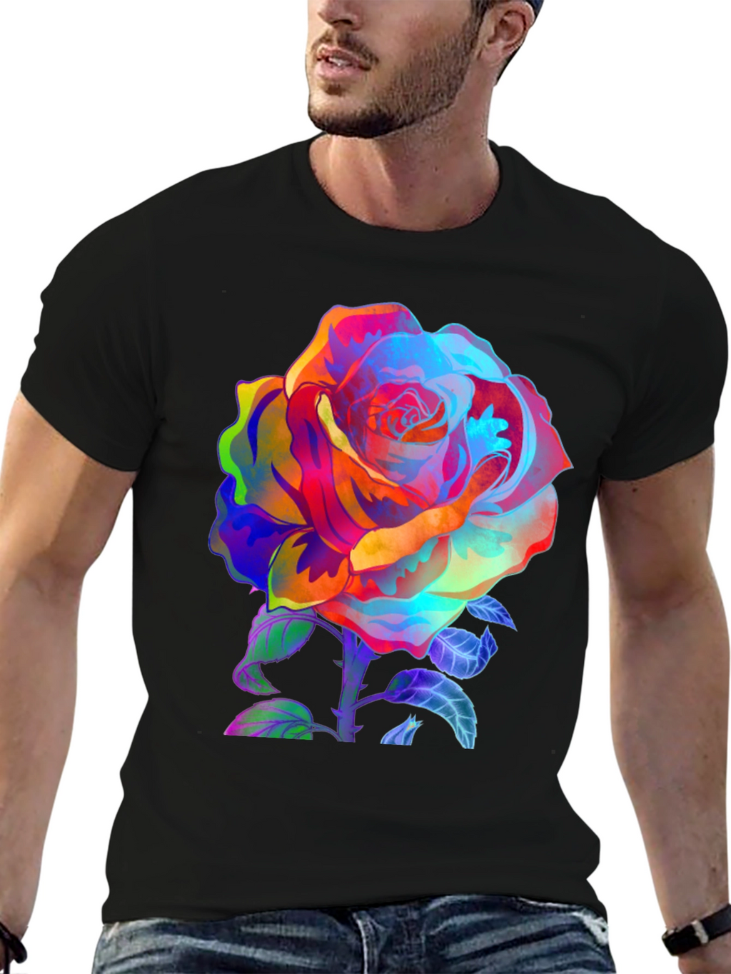 Vibrant Rose Graphic Tee - Mens Black T-Shirt
