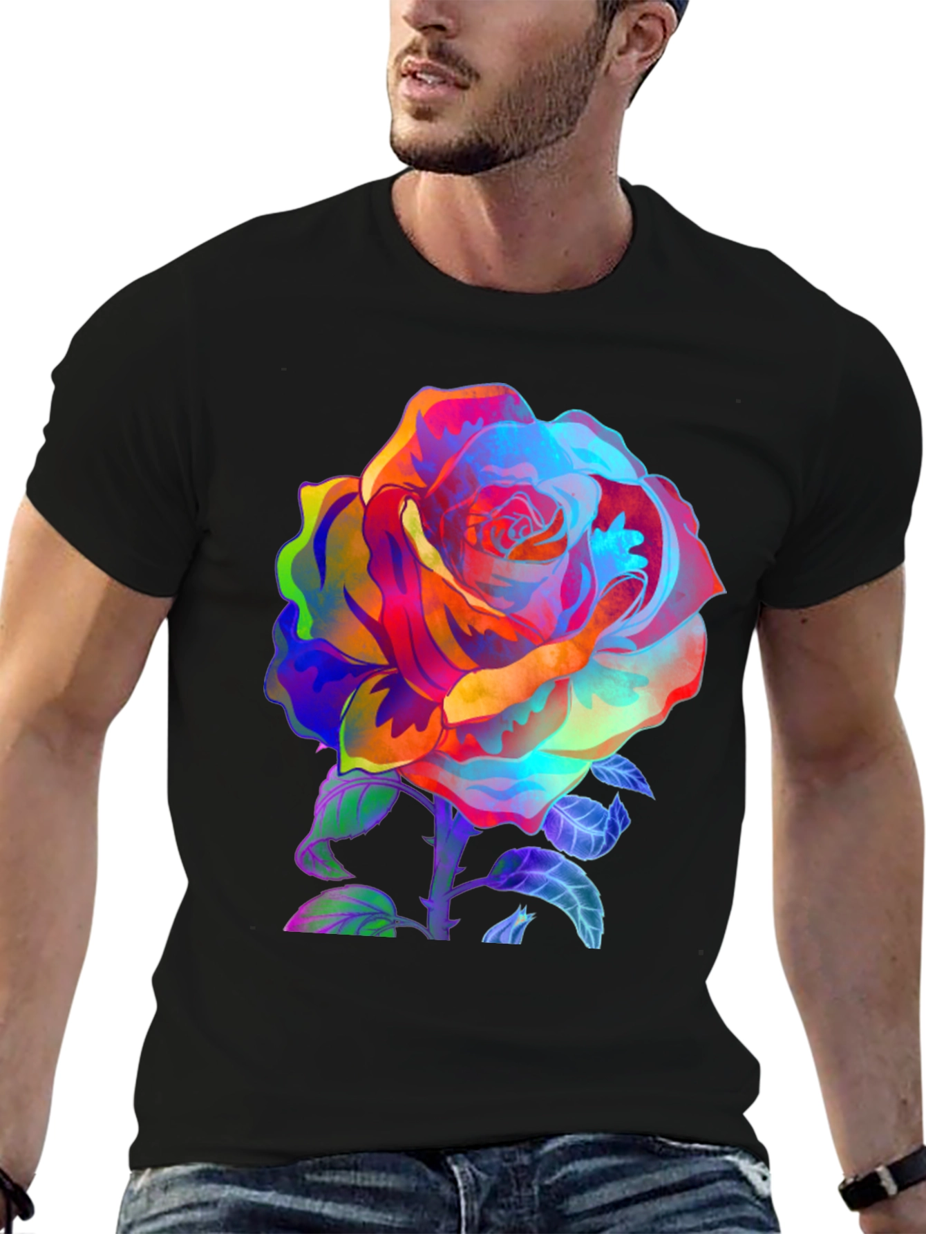Vibrant Rose Graphic Tee - Mens Black T-Shirt