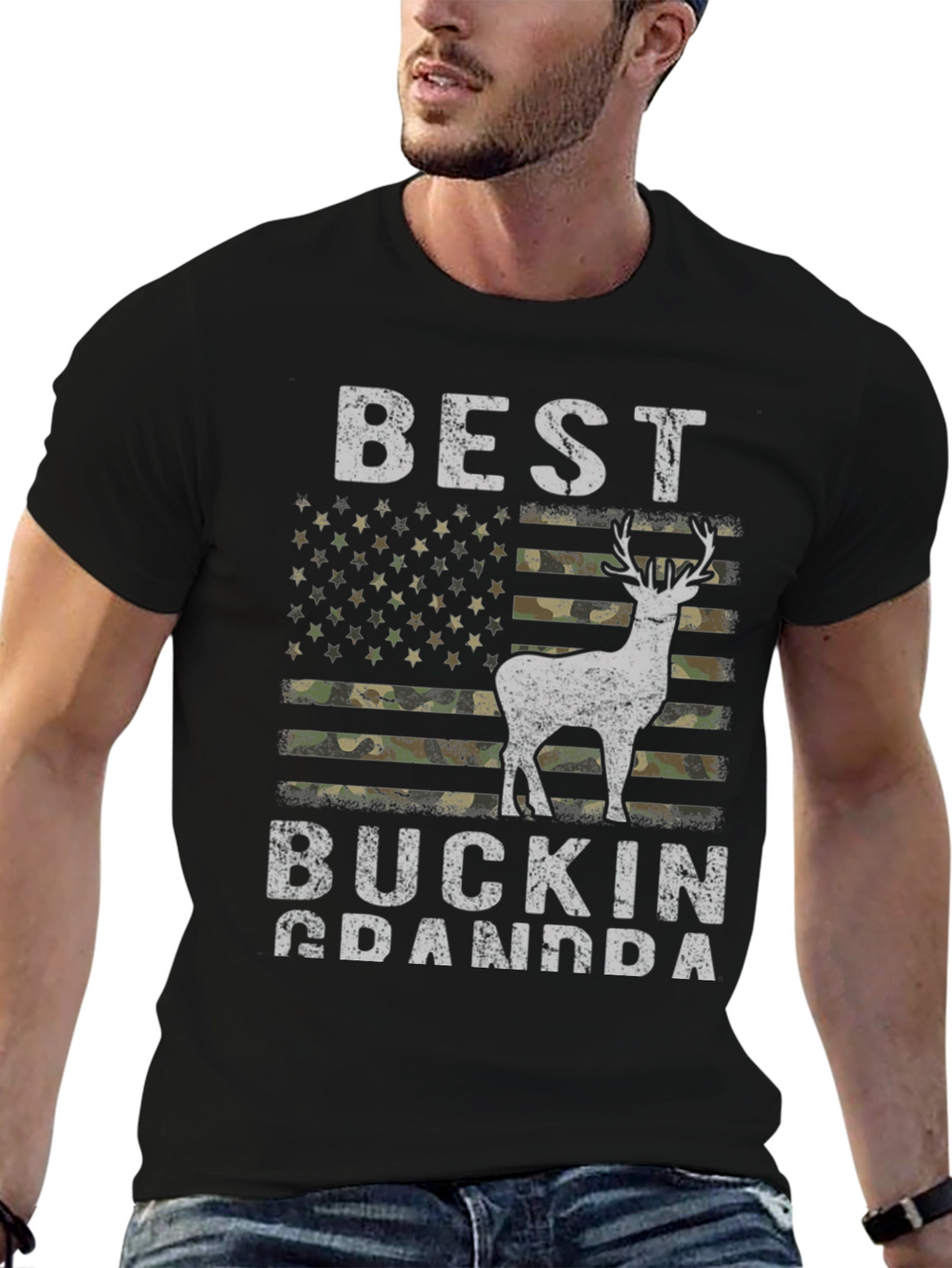 Best Buckin Grandpa Camo USA Flag T-Shirt