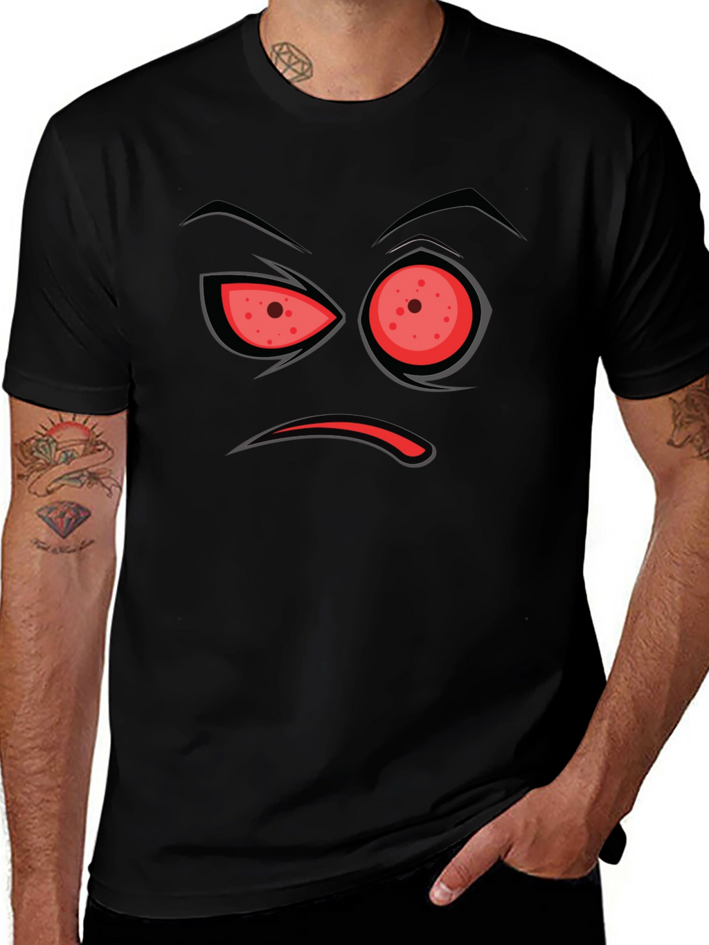 Mens Black T-Shirt with Angry Face Design