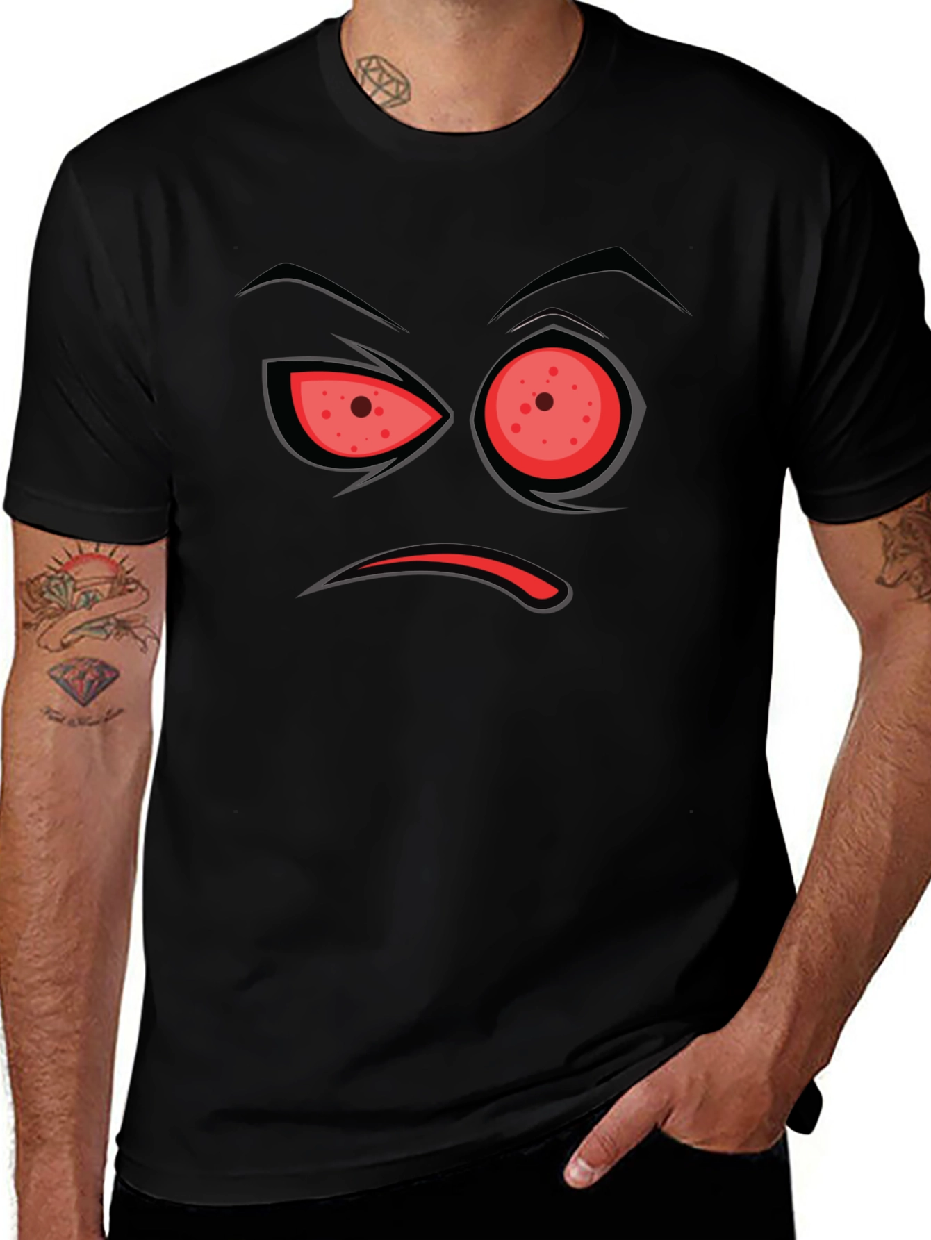 Mens Black T-Shirt with Angry Face Design