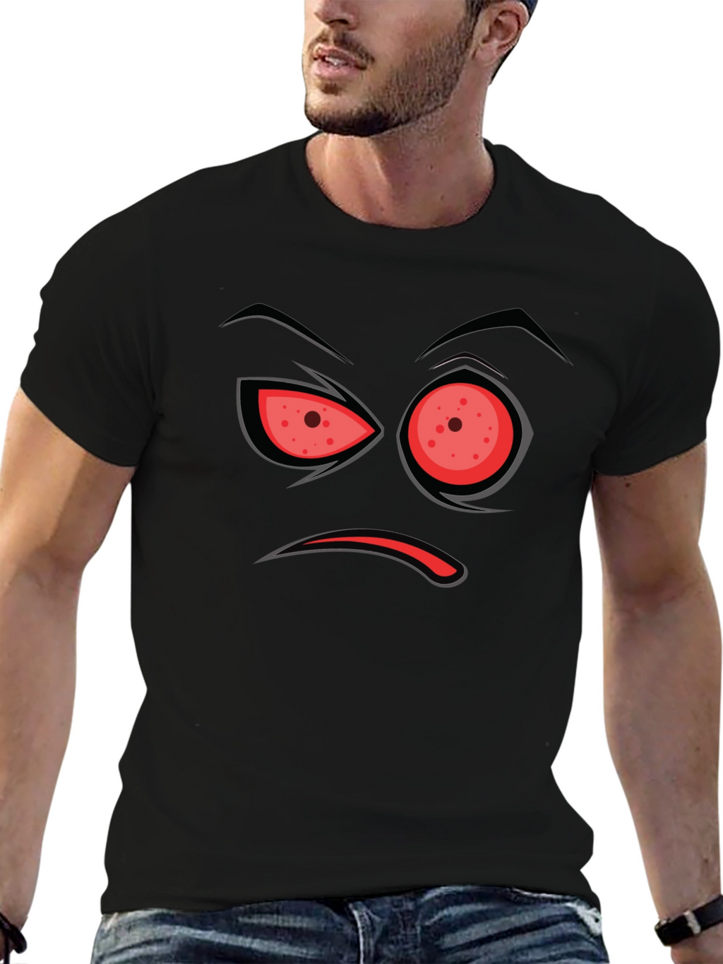 Mens Black T-Shirt with Angry Face Design