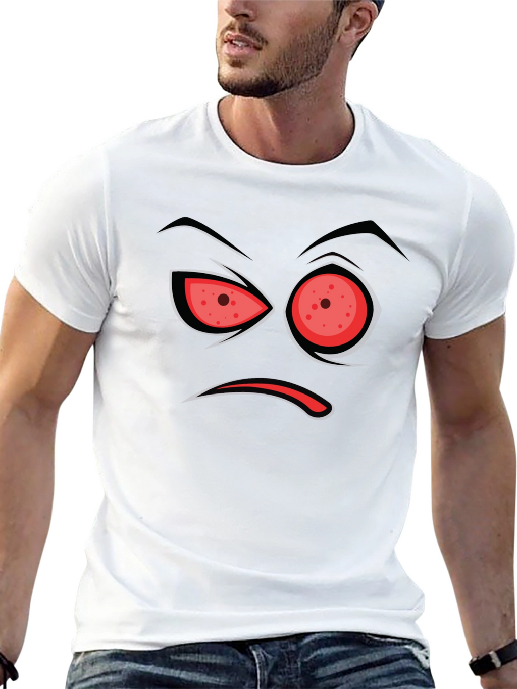 Mens Black T-Shirt with Angry Face Design