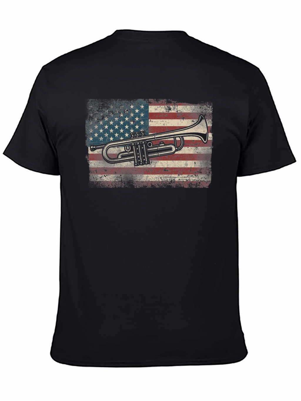 Trumpet USA Flag Graphic Tee - Black Cotton T-Shirt