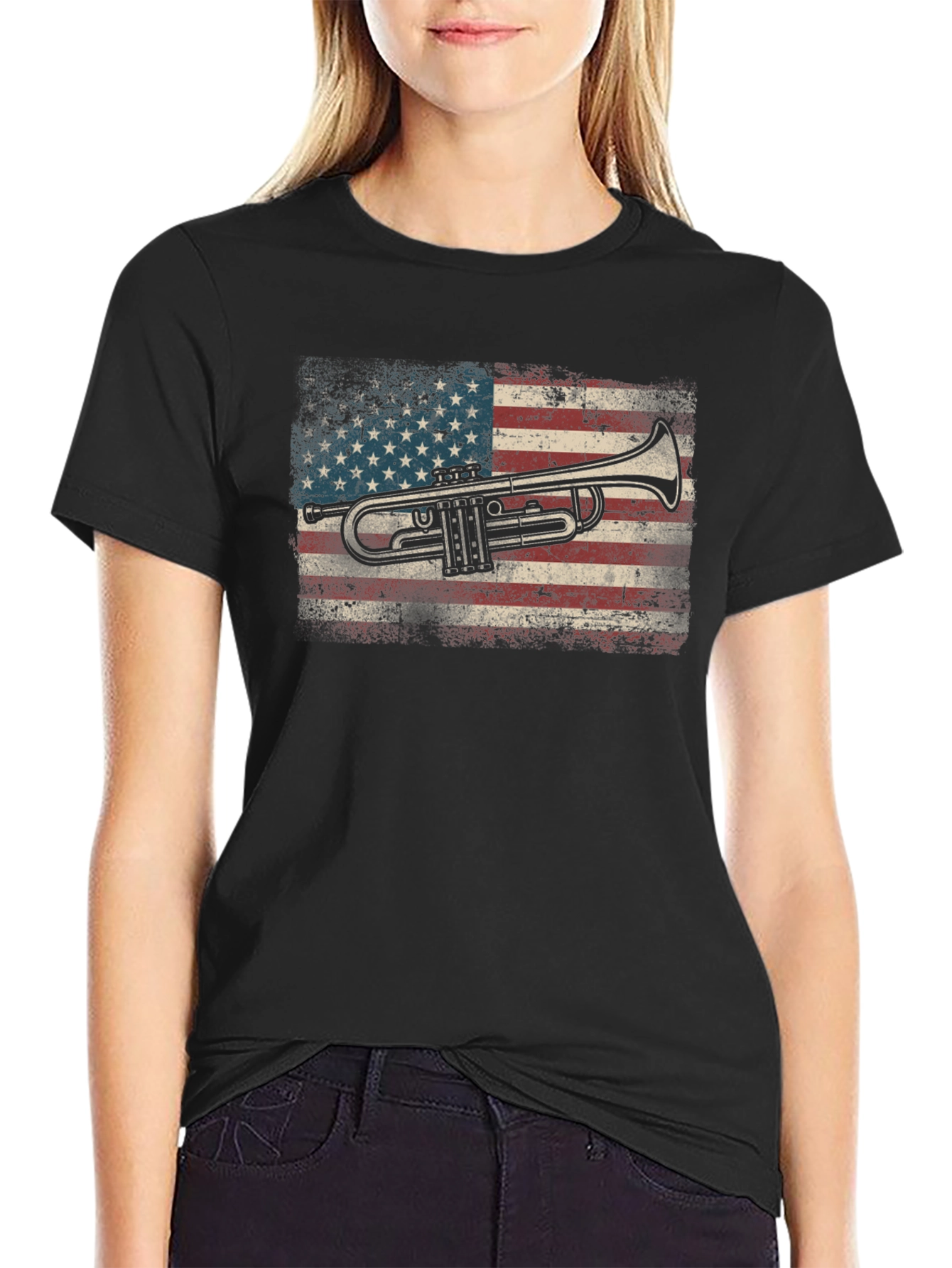 Trumpet USA Flag Graphic Tee - Black Cotton T-Shirt