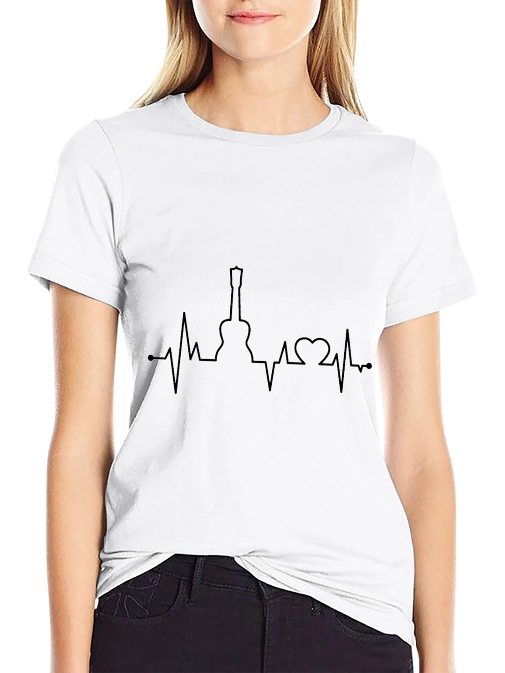 Guitar Heartbeat Graphic Tee - Black Crew Neck T-Shirt