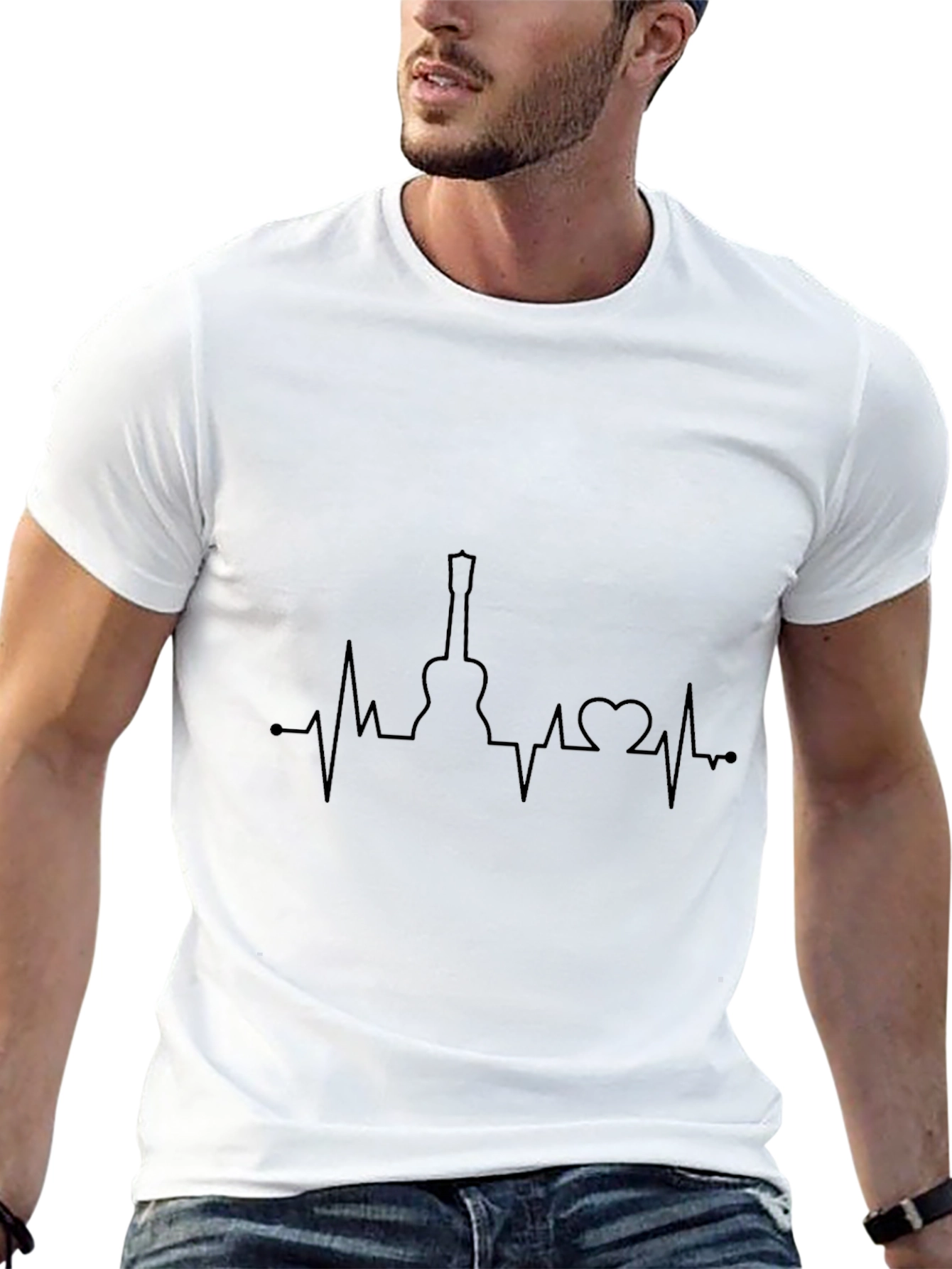 Guitar Heartbeat Graphic Tee - Black Crew Neck T-Shirt