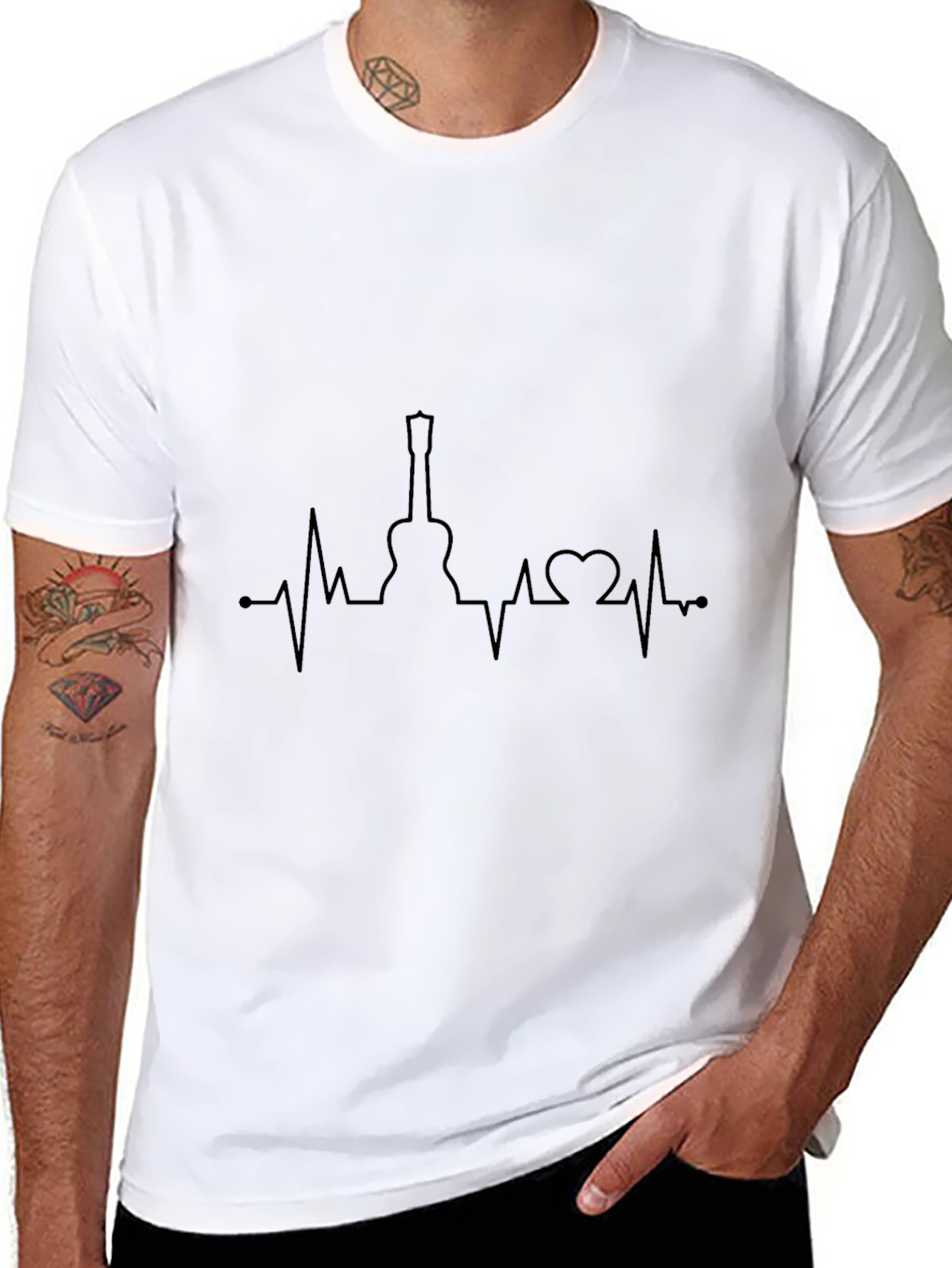 Guitar Heartbeat Graphic Tee - Black Crew Neck T-Shirt