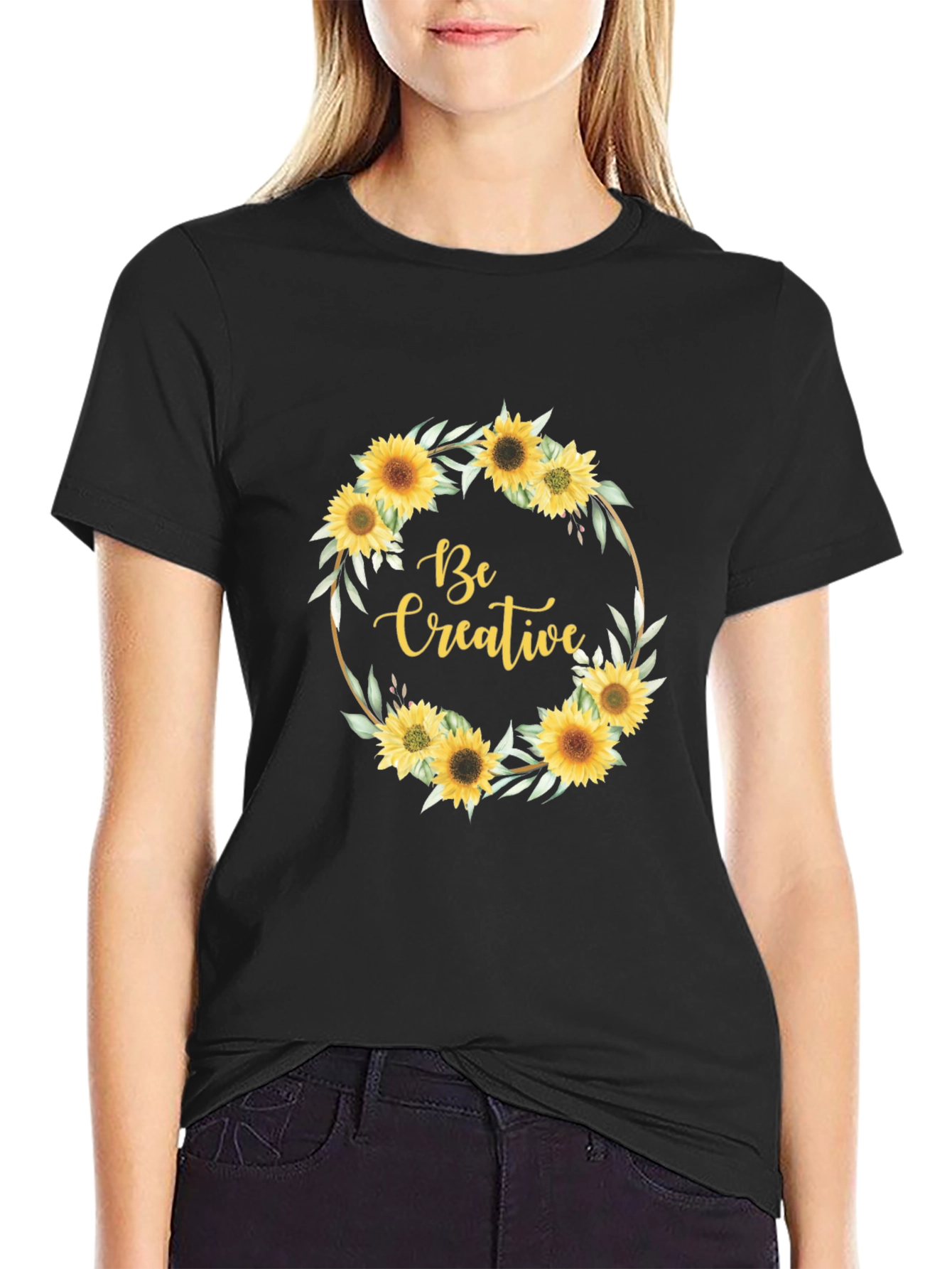Sunflower Wreath Be Creative Black Tee