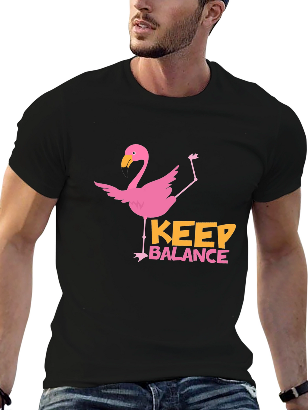 Flamingo Keep Balance Graphic Black T-Shirt