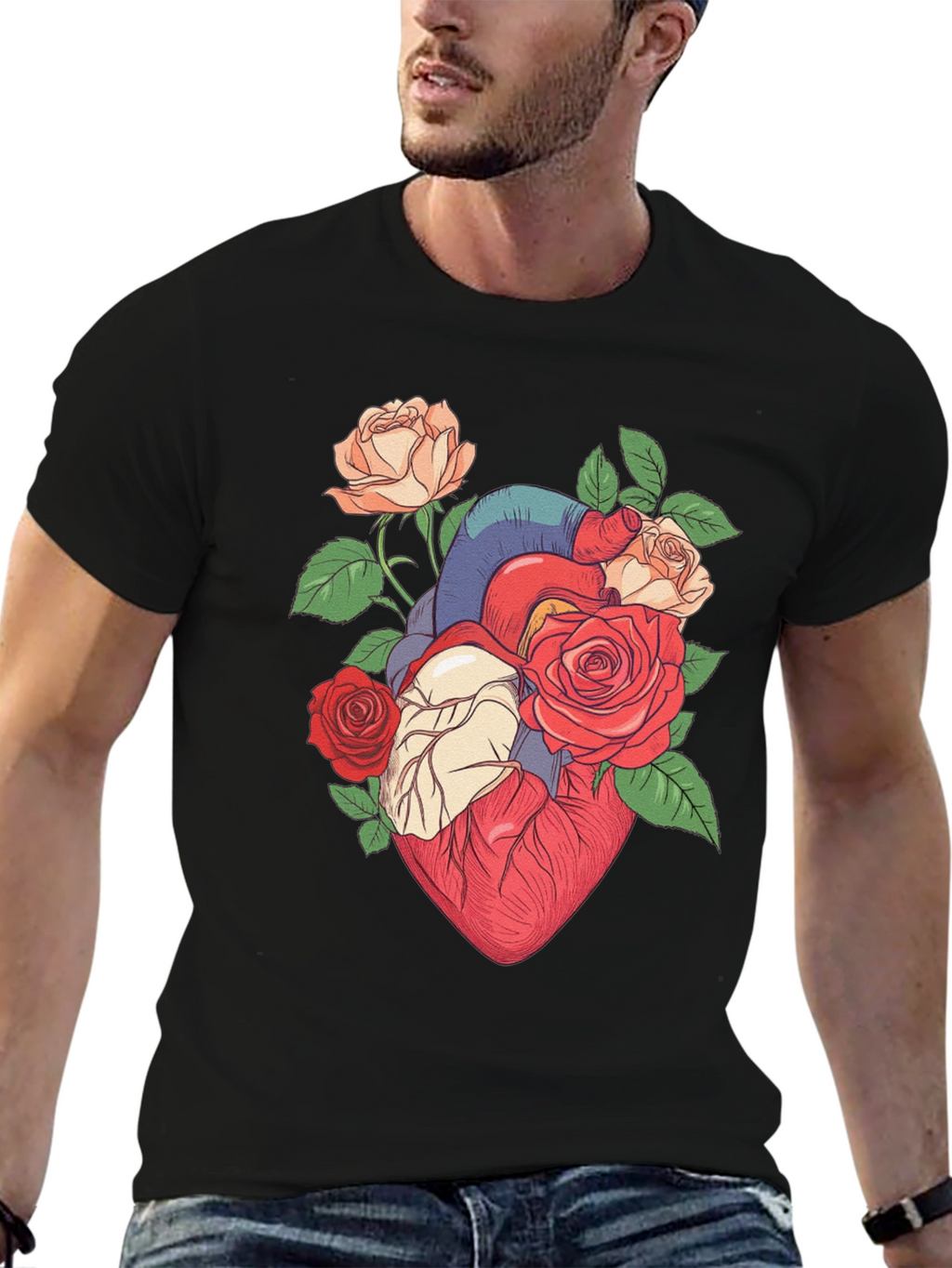 Floral Heart Print Black T-Shirt