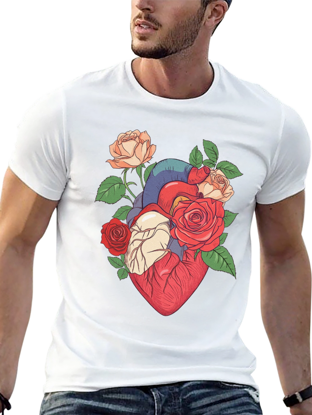 Floral Heart Print Black T-Shirt