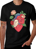 Floral Heart Print Black T-Shirt