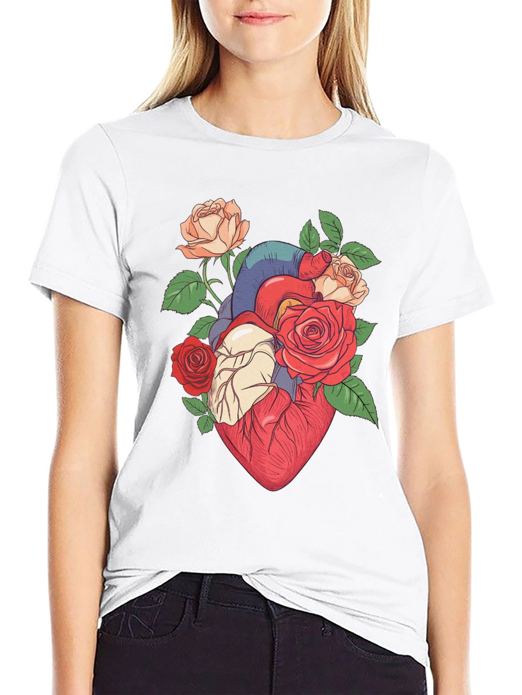 Floral Heart Print Black T-Shirt