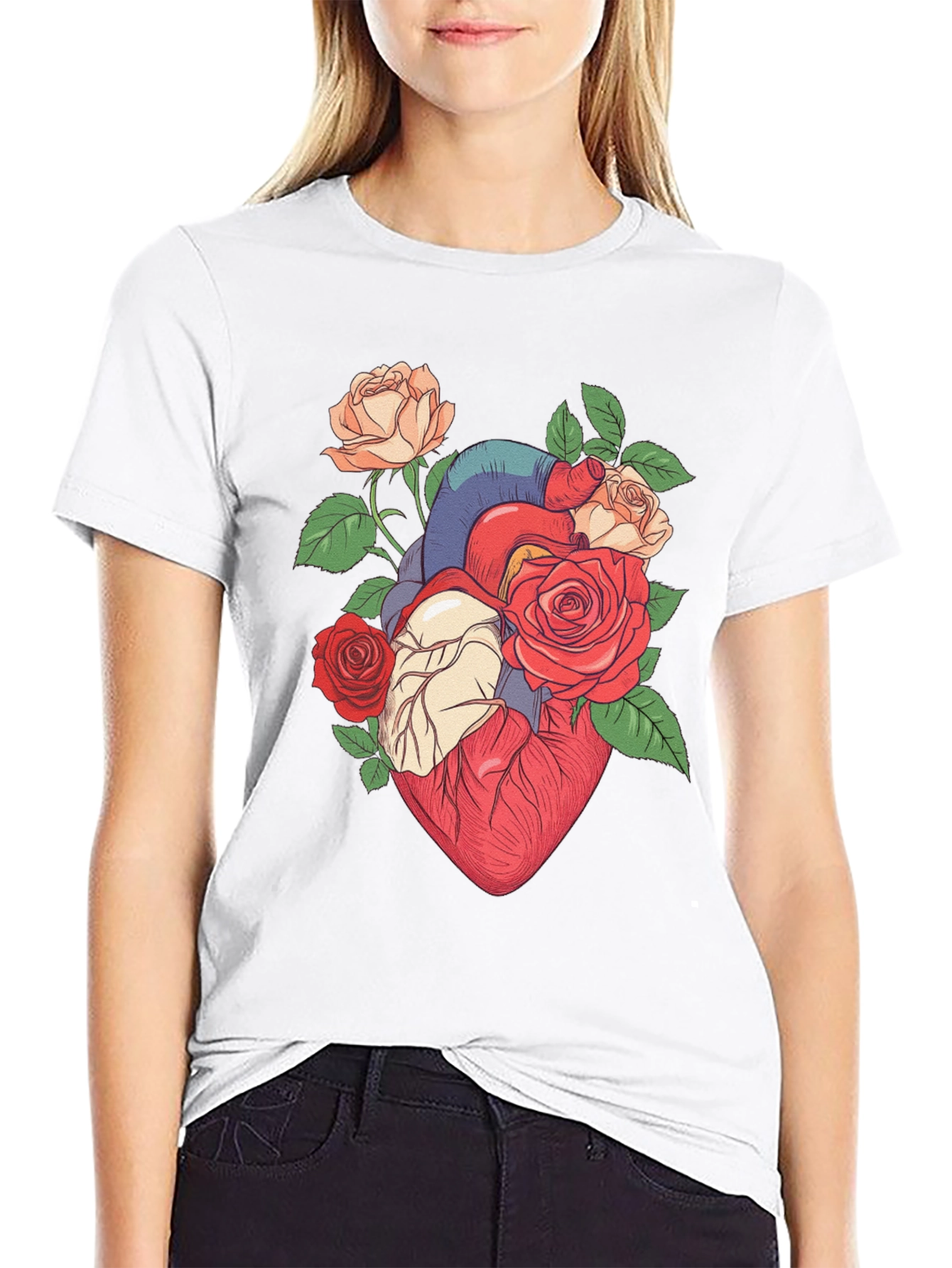Floral Heart Print Black T-Shirt