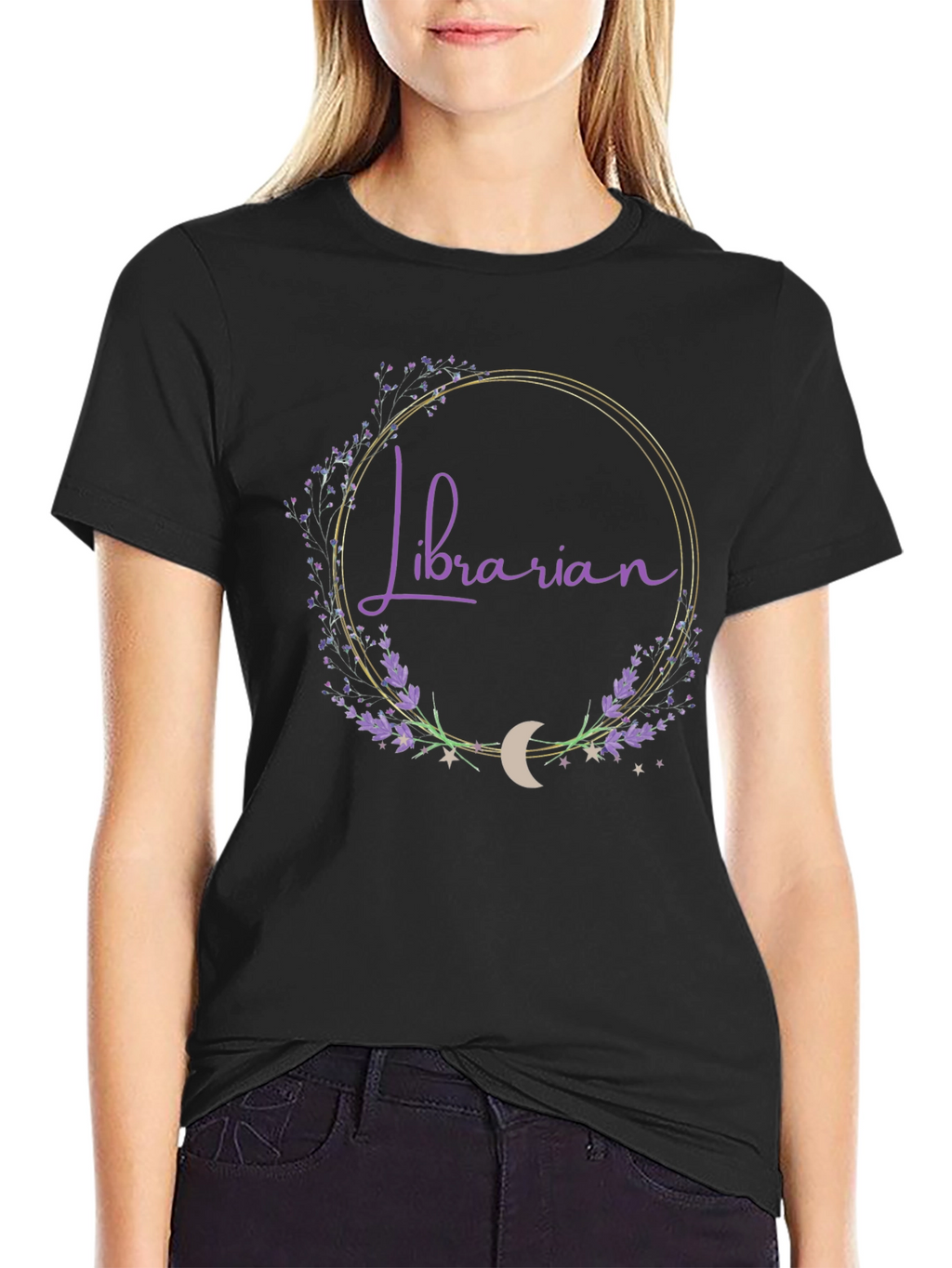 Librarian Floral Crescent Moon Black T-Shirt