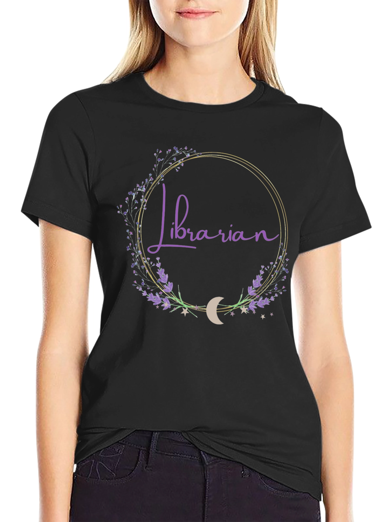 Librarian Floral Crescent Moon Black T-Shirt