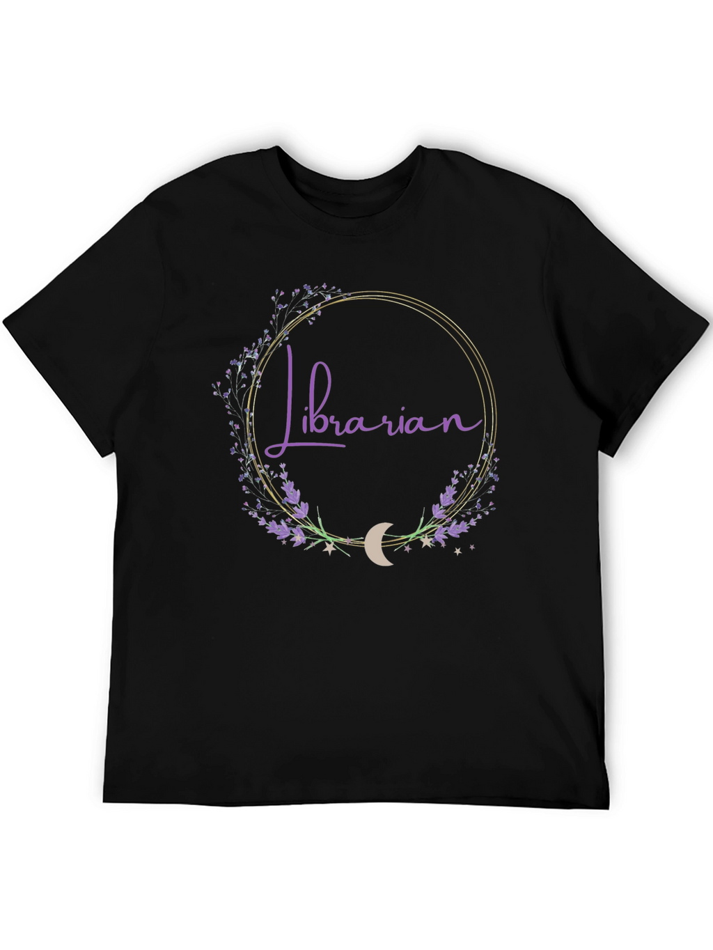 Librarian Floral Crescent Moon Black T-Shirt