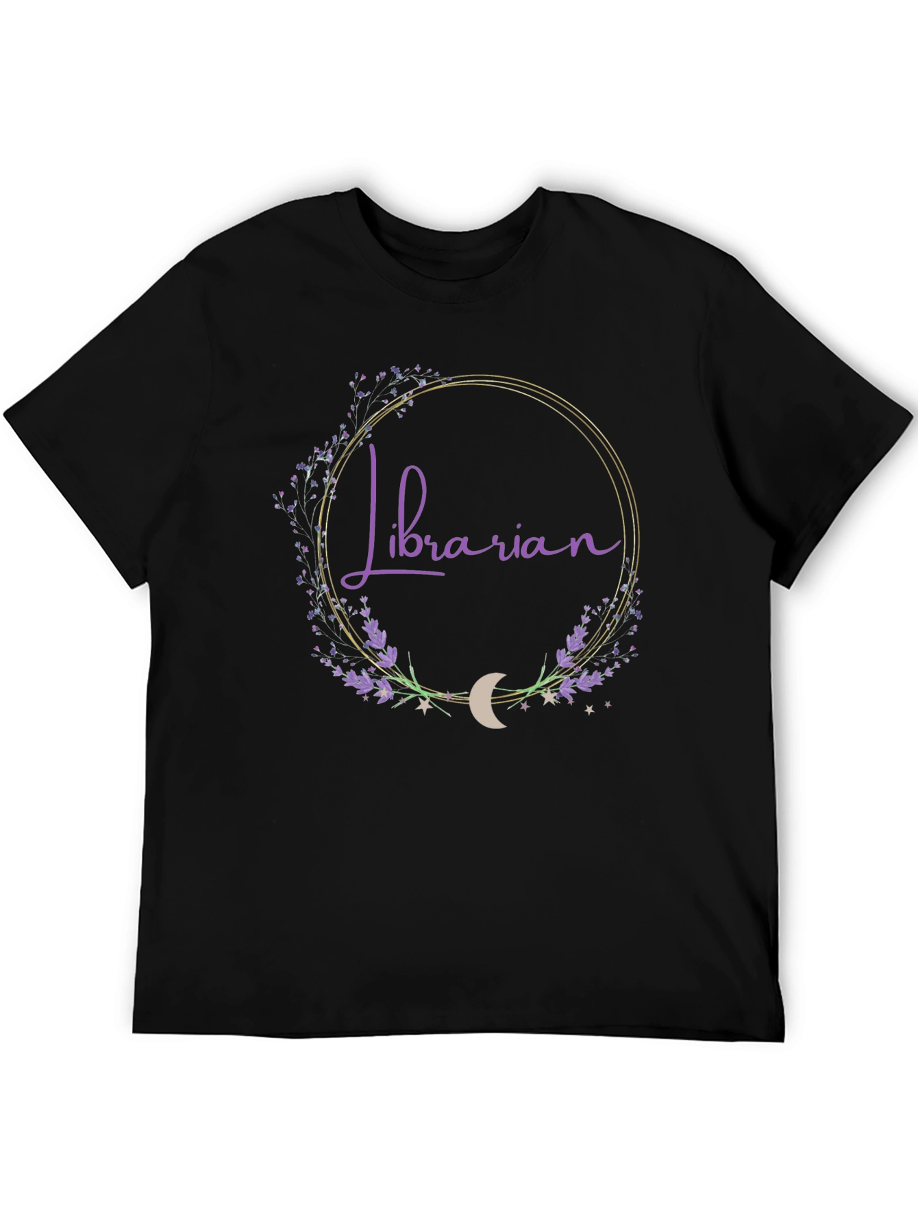 Librarian Floral Crescent Moon Black T-Shirt