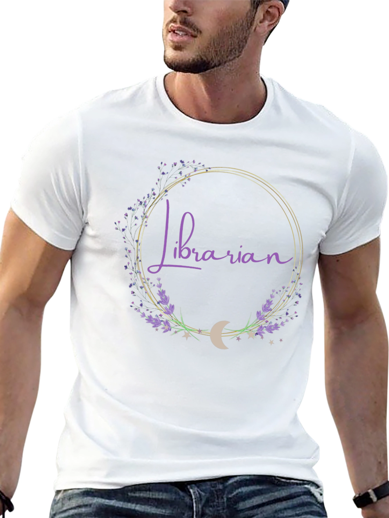 Librarian Floral Crescent Moon Black T-Shirt