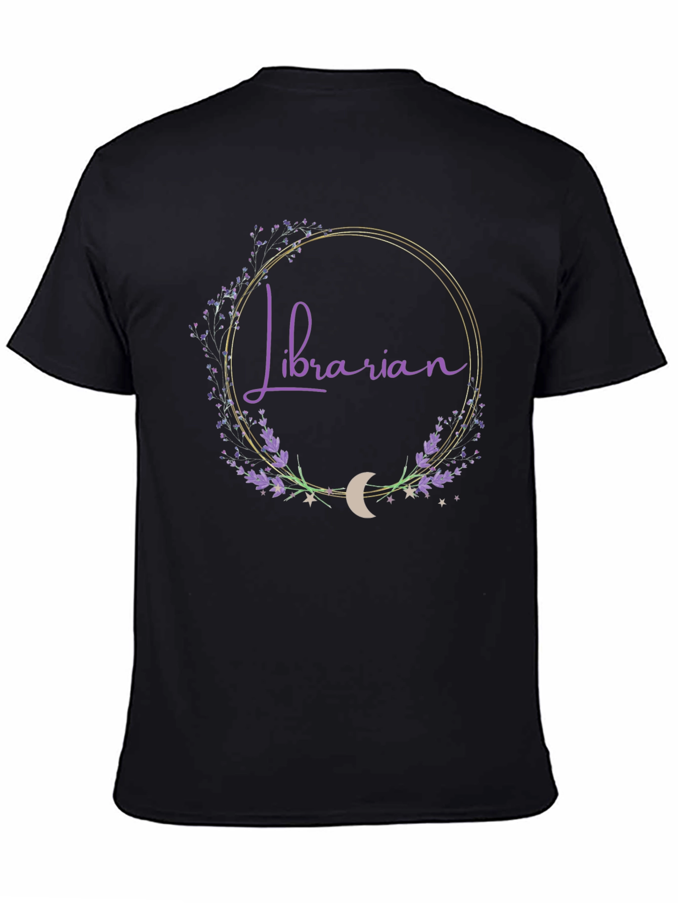 Librarian Floral Crescent Moon Black T-Shirt