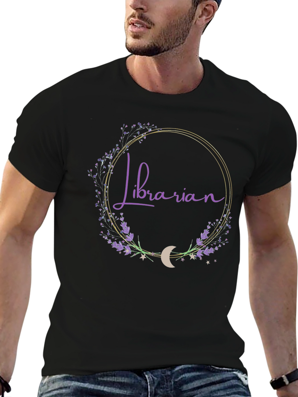Librarian Floral Crescent Moon Black T-Shirt