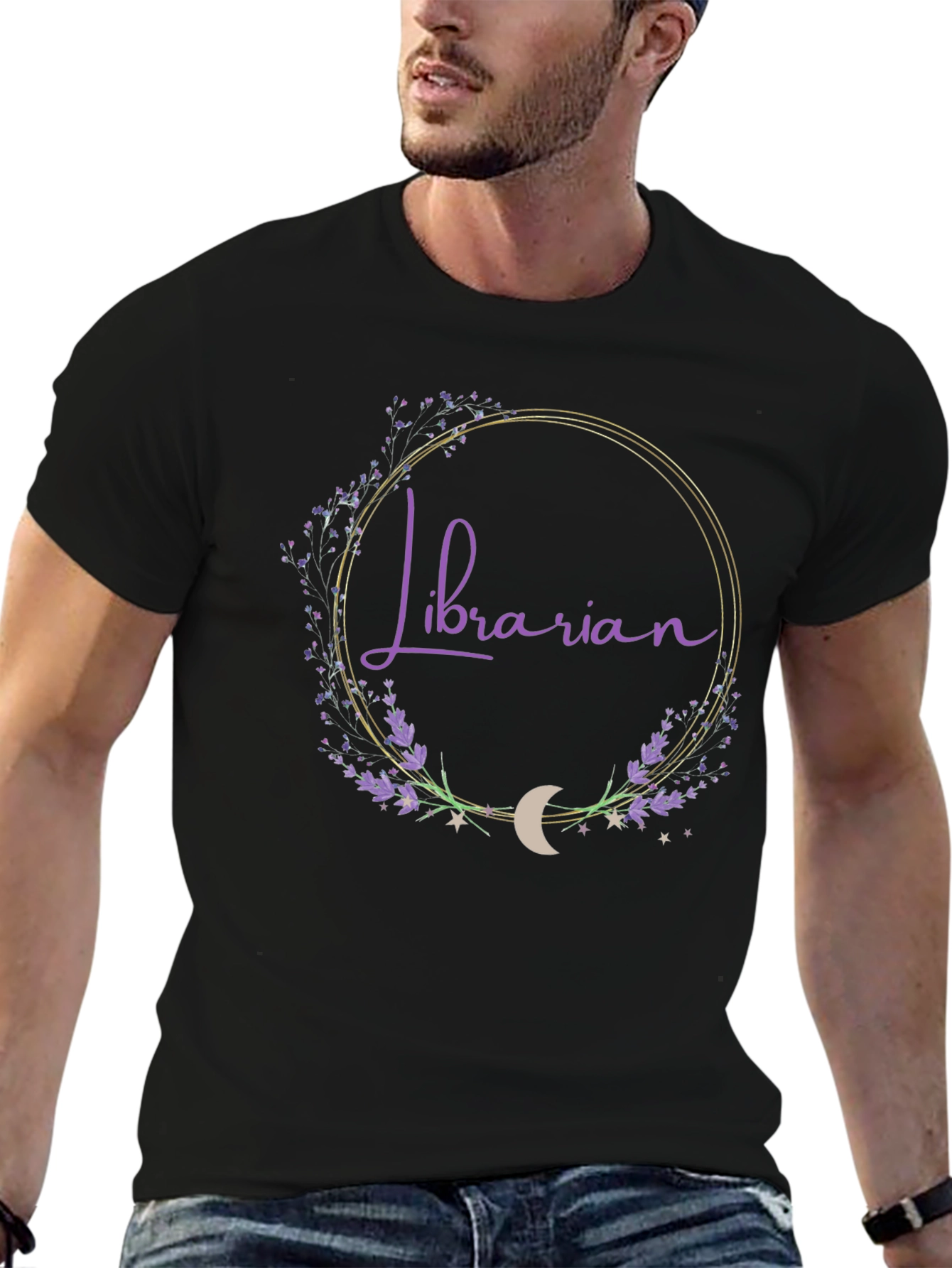 Librarian Floral Crescent Moon Black T-Shirt