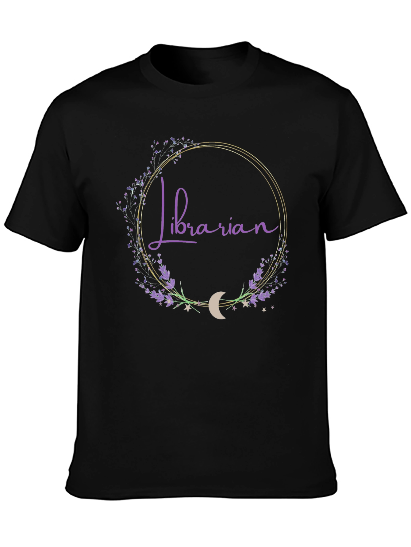 Librarian Floral Crescent Moon Black T-Shirt
