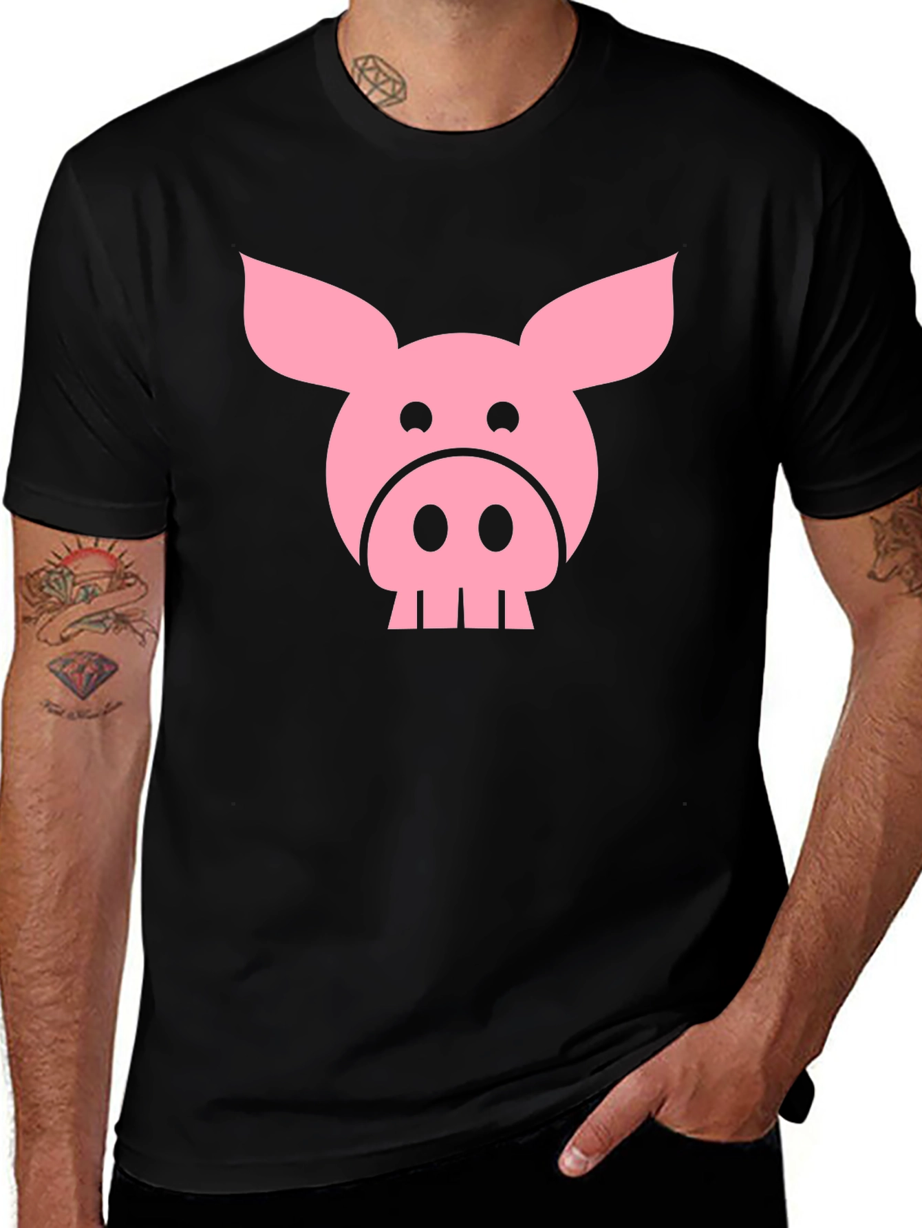 Funny Pig Face Graphic T-Shirt - Black