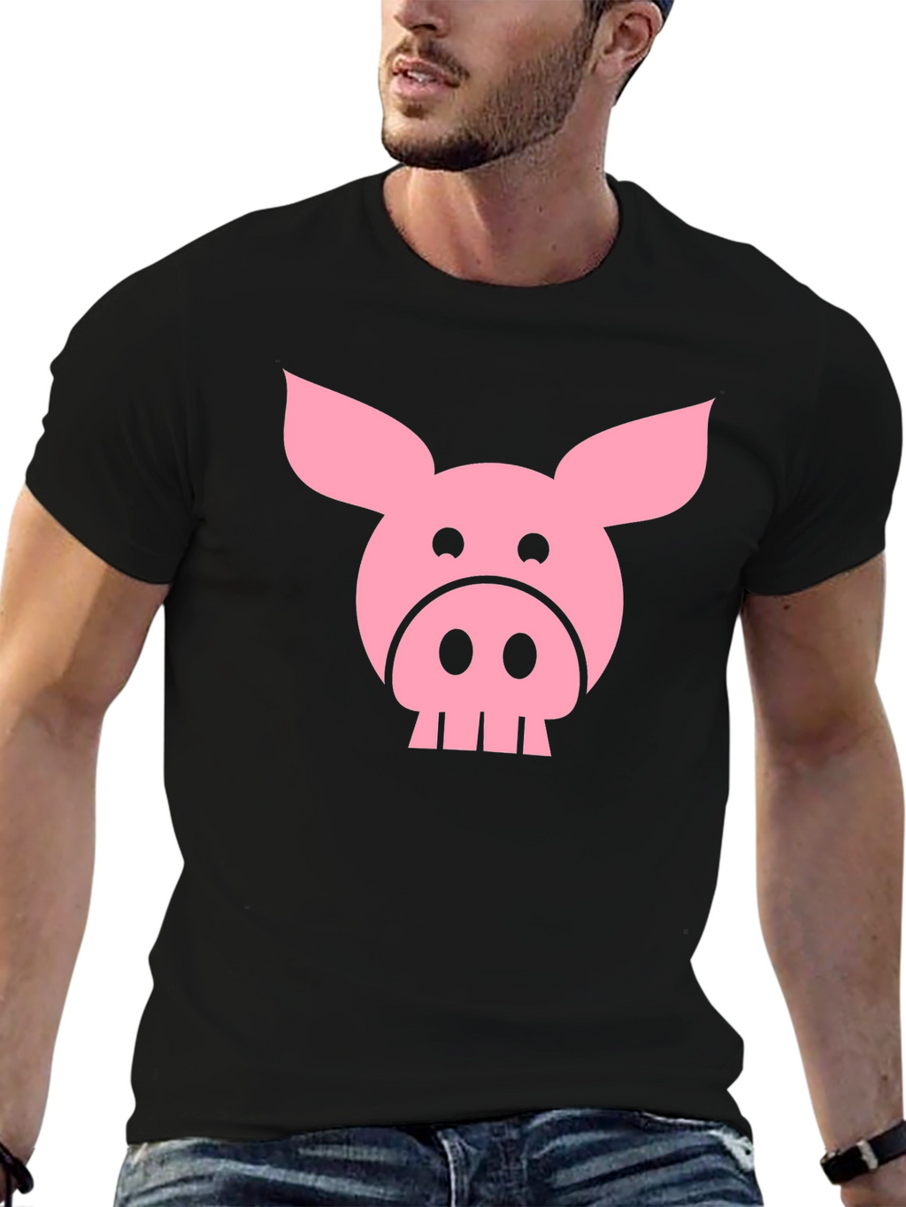Funny Pig Face Graphic T-Shirt - Black
