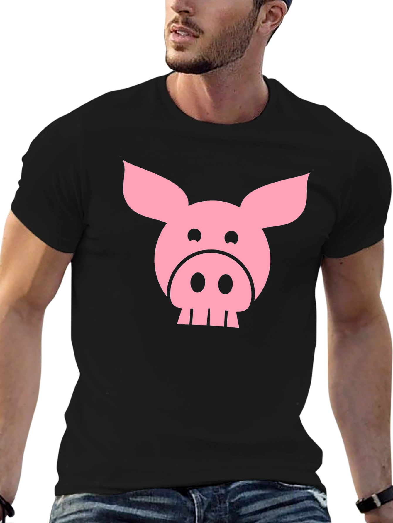 Funny Pig Face Graphic T-Shirt - Black