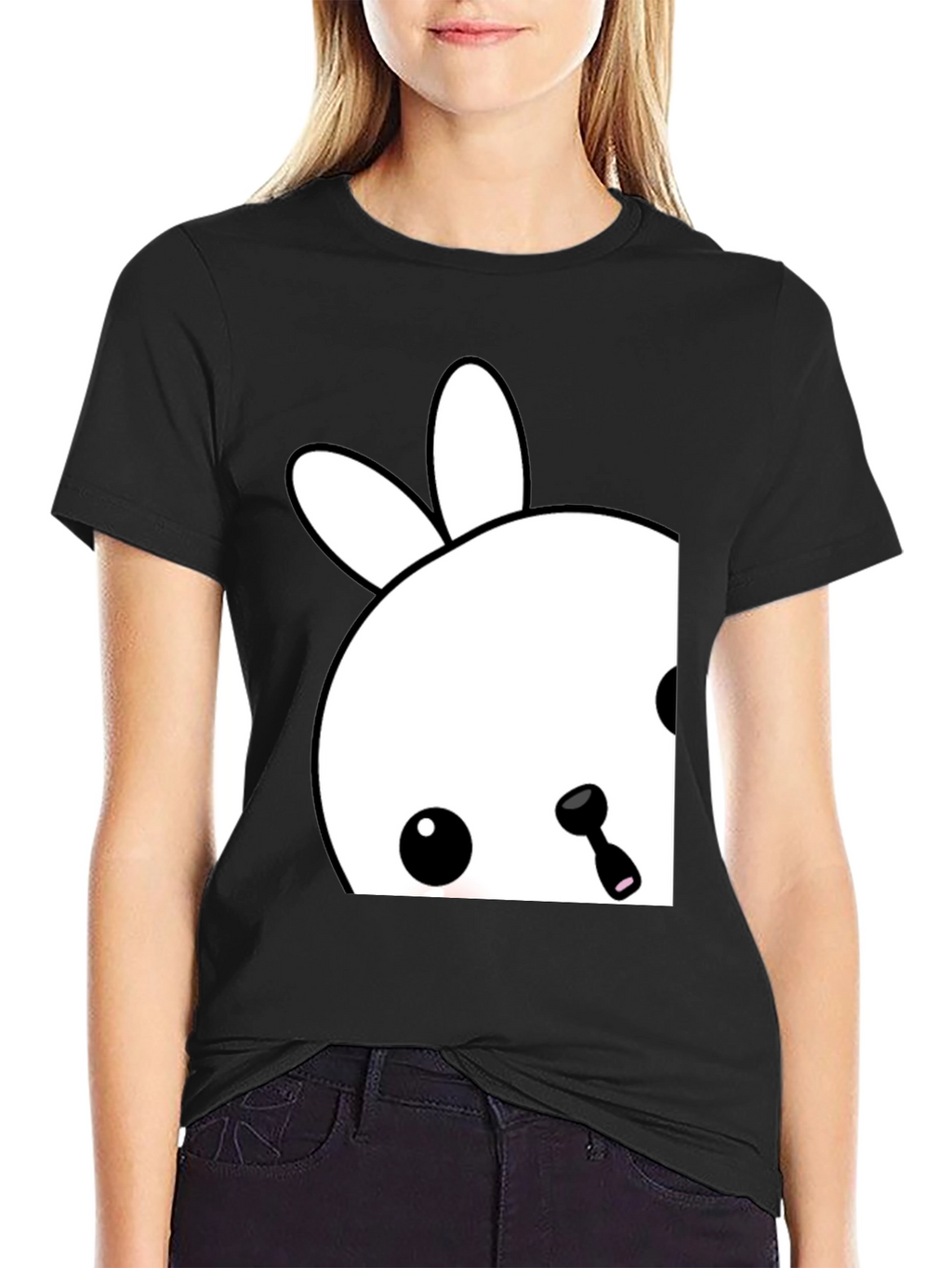 Cute Bunny Graphic Tee - Black Cotton Blend