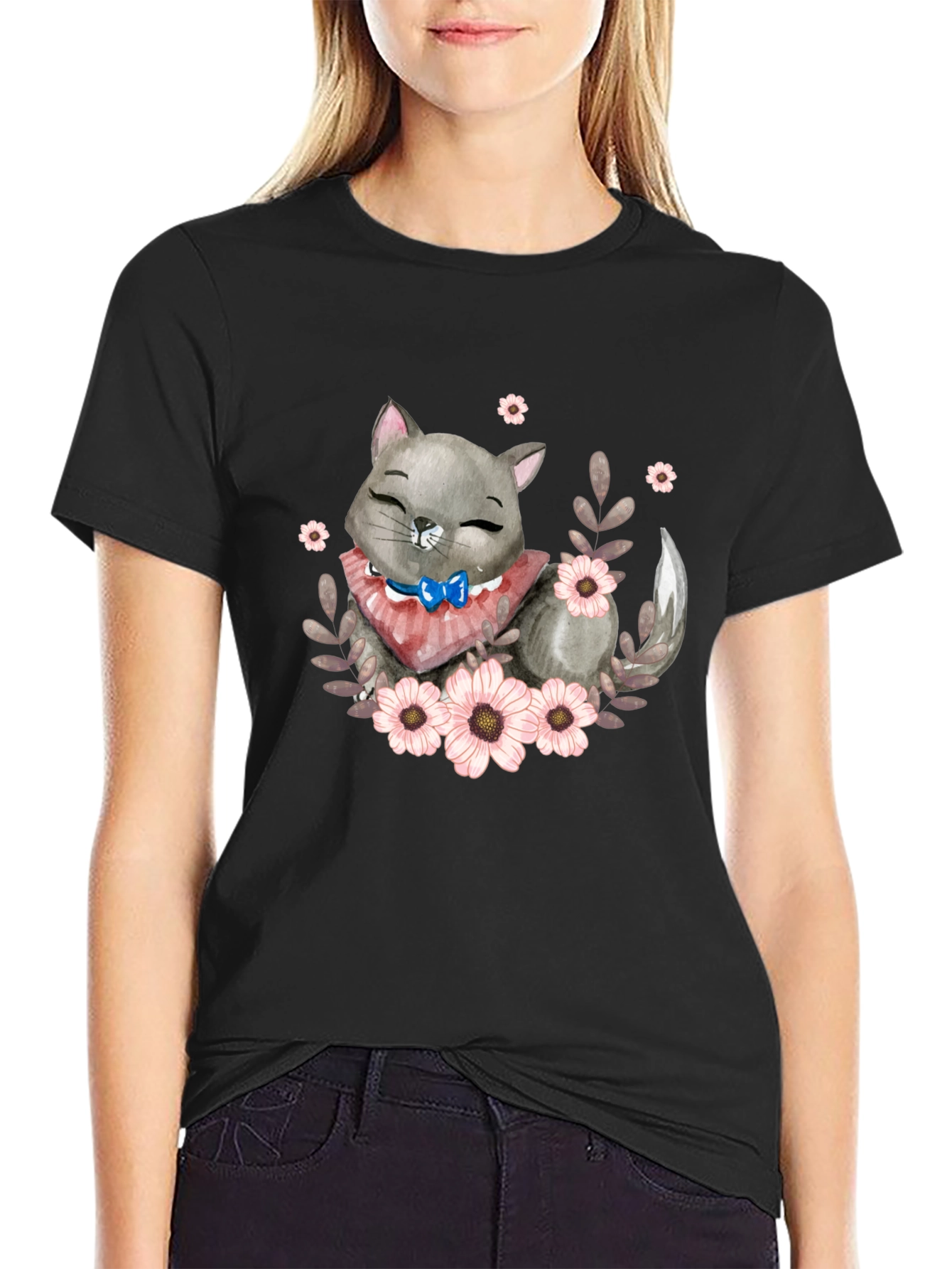 Cute Cartoon Cat Floral T-Shirt